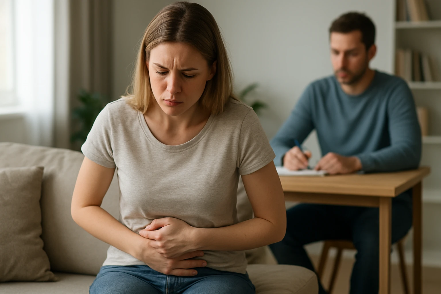 Egy nő fájdalmas arccal ül a kanapén, kezét a hasán tartja.