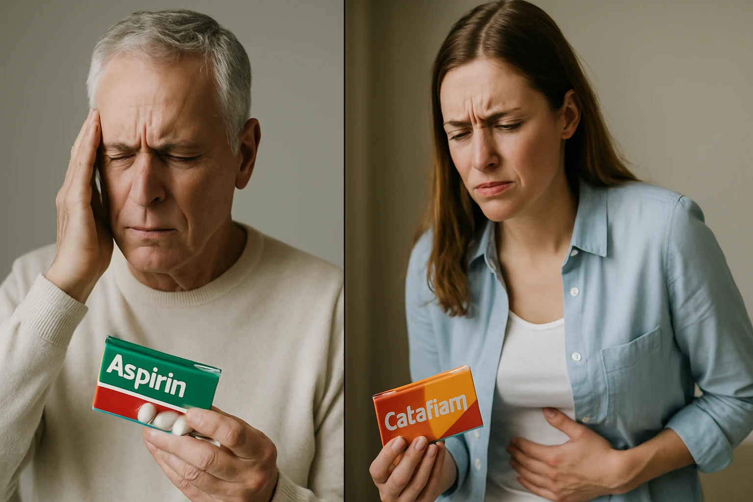 Egy férfi fejfájásra Aspirint, egy nő hasi fájdalomra Cataflamot tart a kezében.