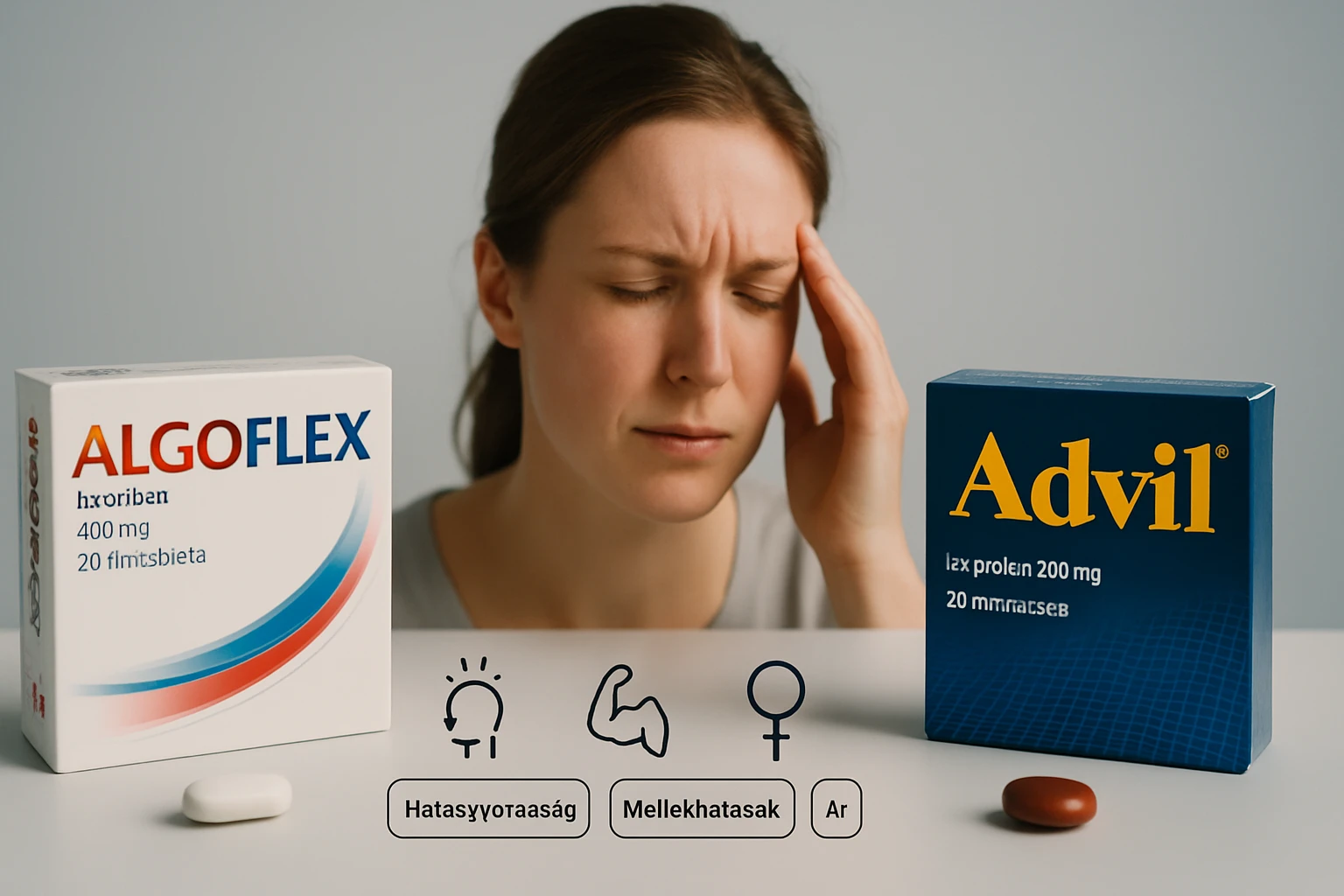 Egy nő fájdalmas arckifejezéssel, mellette Algoflex és Advil dobozok.