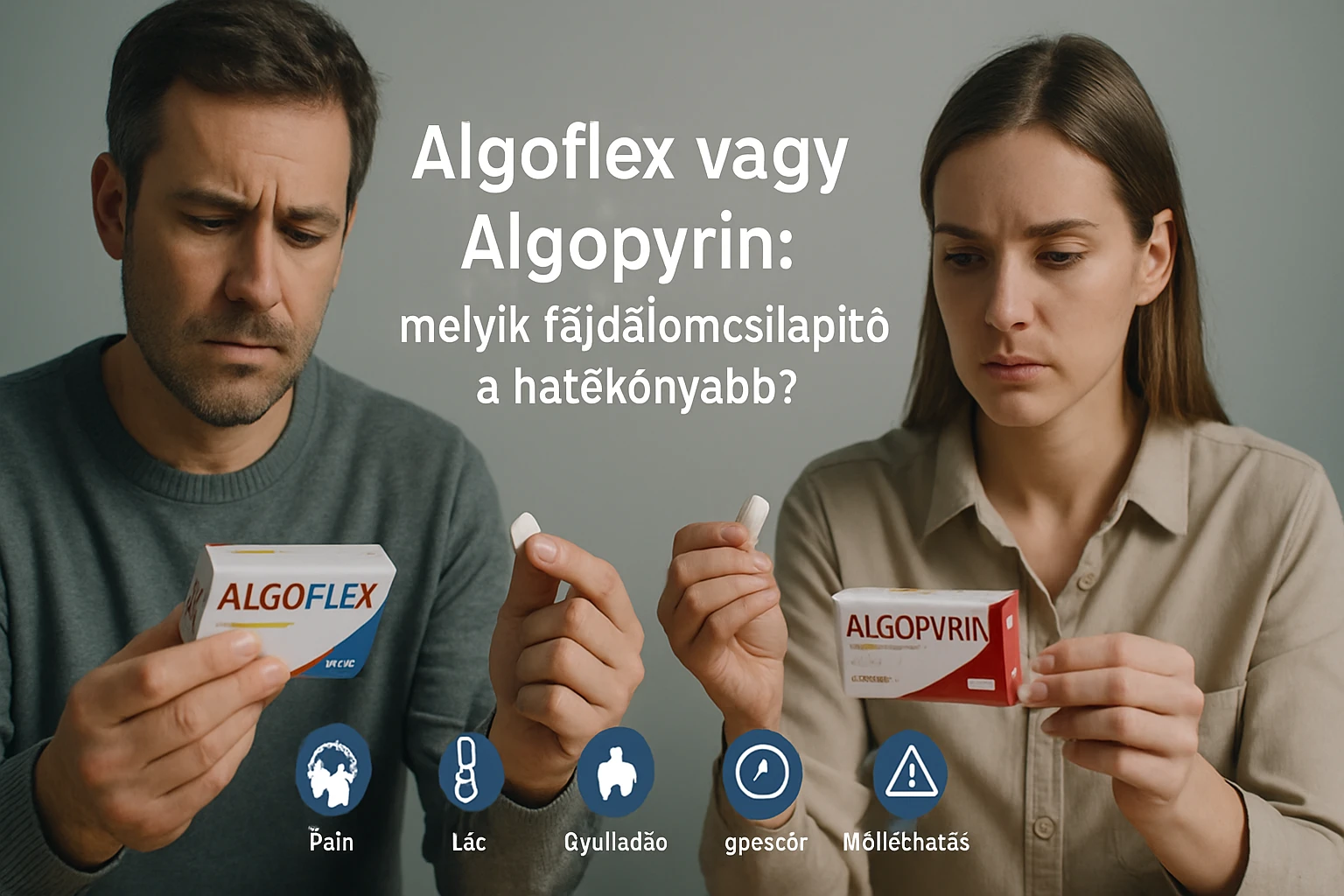 Két ember, fájdalomcsillapító gyógyszereket tartanak a kezükben, gondolkodva.