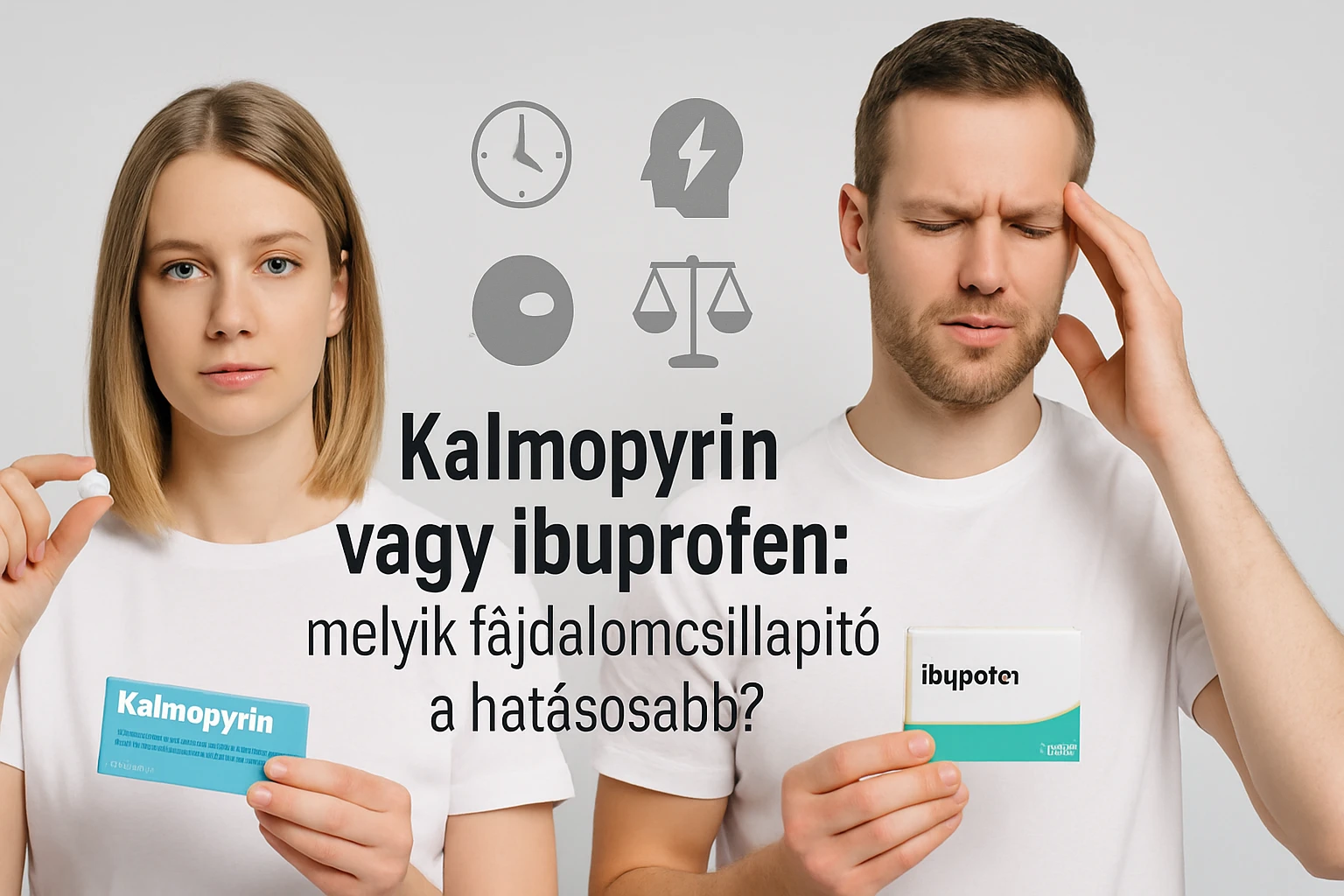 Egy nő Kalmpoyrin tablettát tart a kezében, míg egy férfi ibuprofent mutat, fájdalommal az arcán.