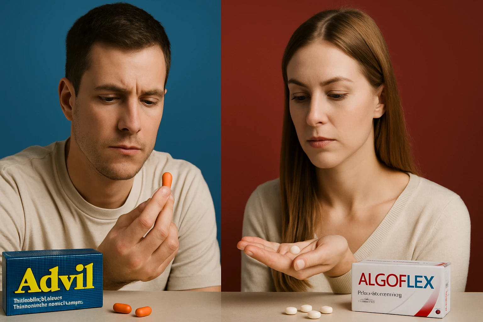 Egy férfi és egy nő különböző fájdalomcsillapító tablettákat néznek.