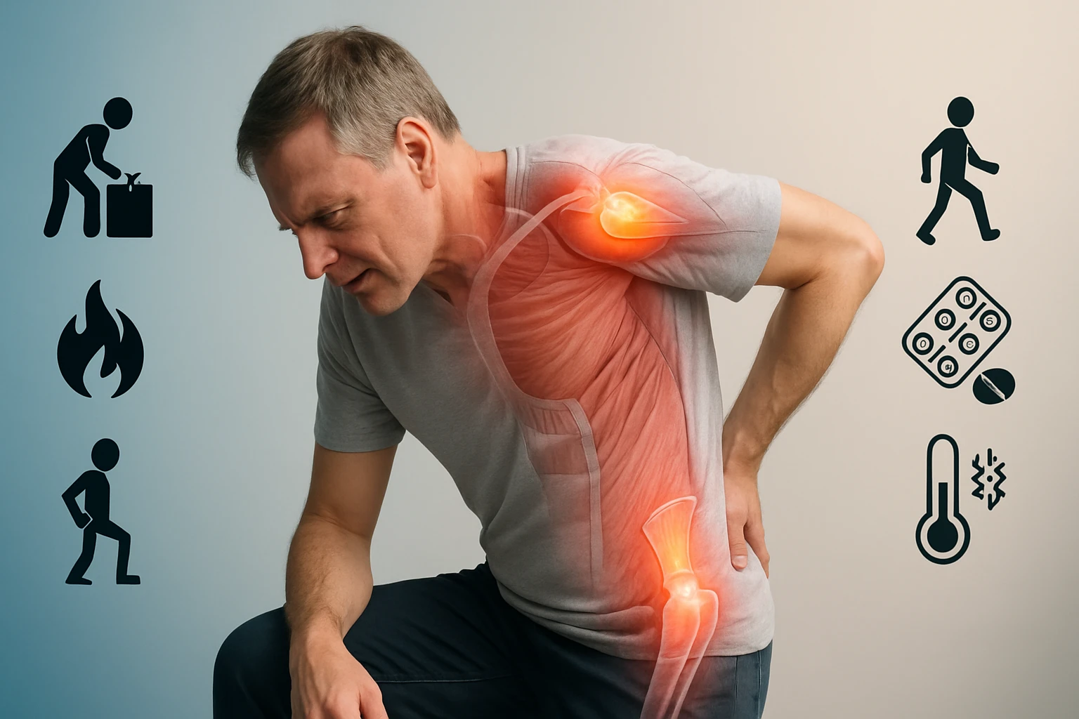 Férfi, aki fájdalommal a hátán és vállán, különböző ikonokkal körülvéve.