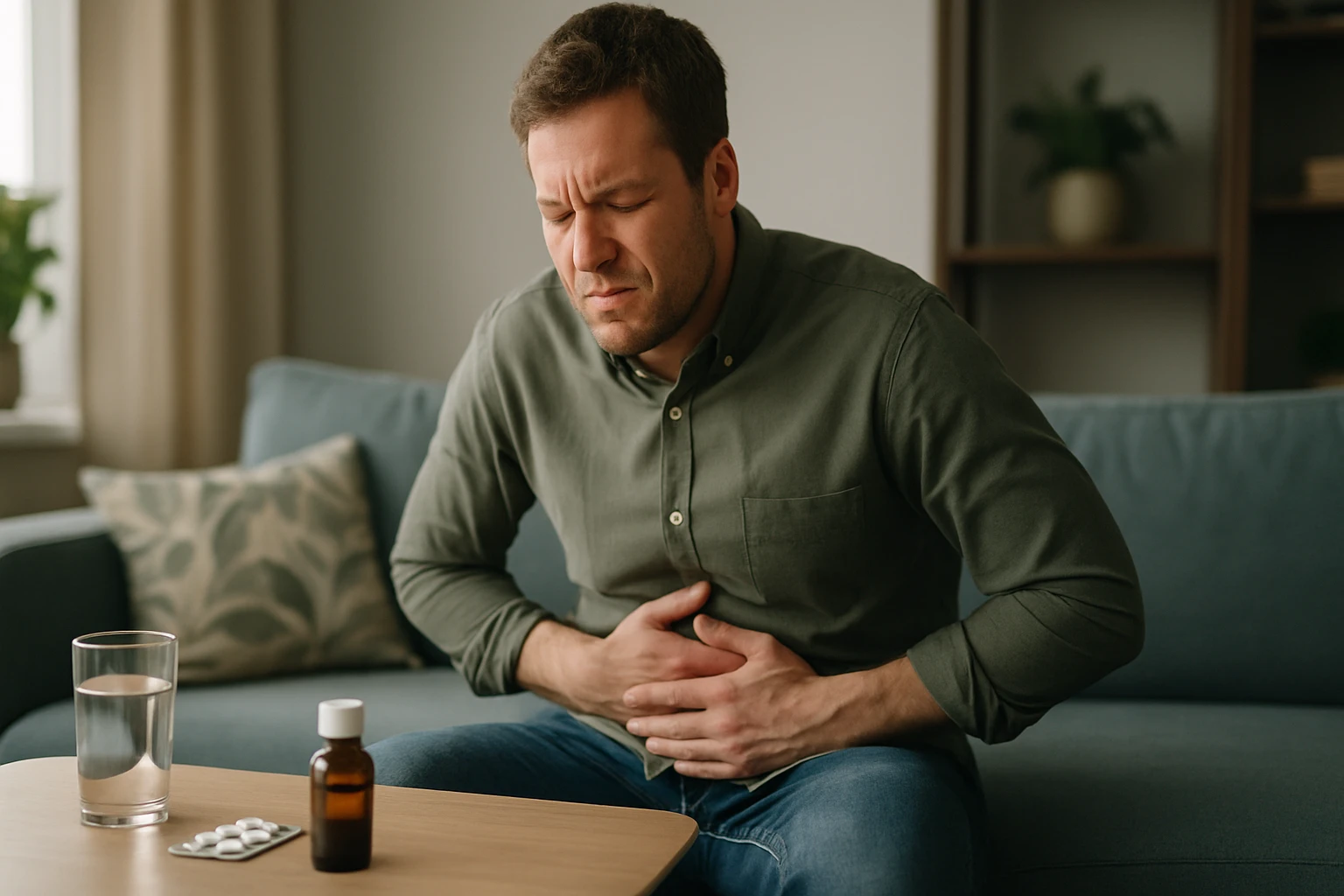 Egy férfi fájdalmas arckifejezéssel ül a kanapén, hasát fogja.