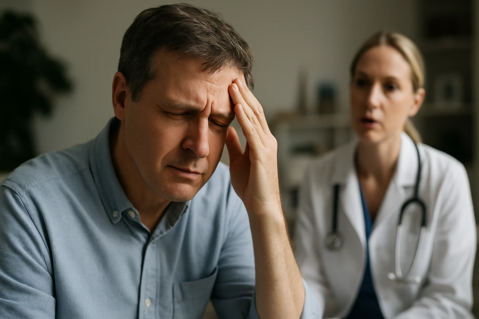 Egy férfi fejfájással küzd, míg egy orvos figyelmesen hallgatja őt.