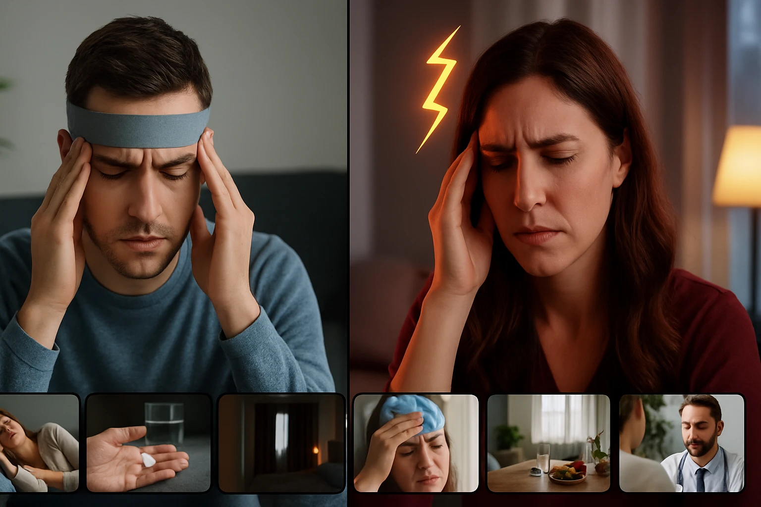 Fájdalmas fejfájással küzdő férfi és nő, akik különböző helyzetekben ülnek.