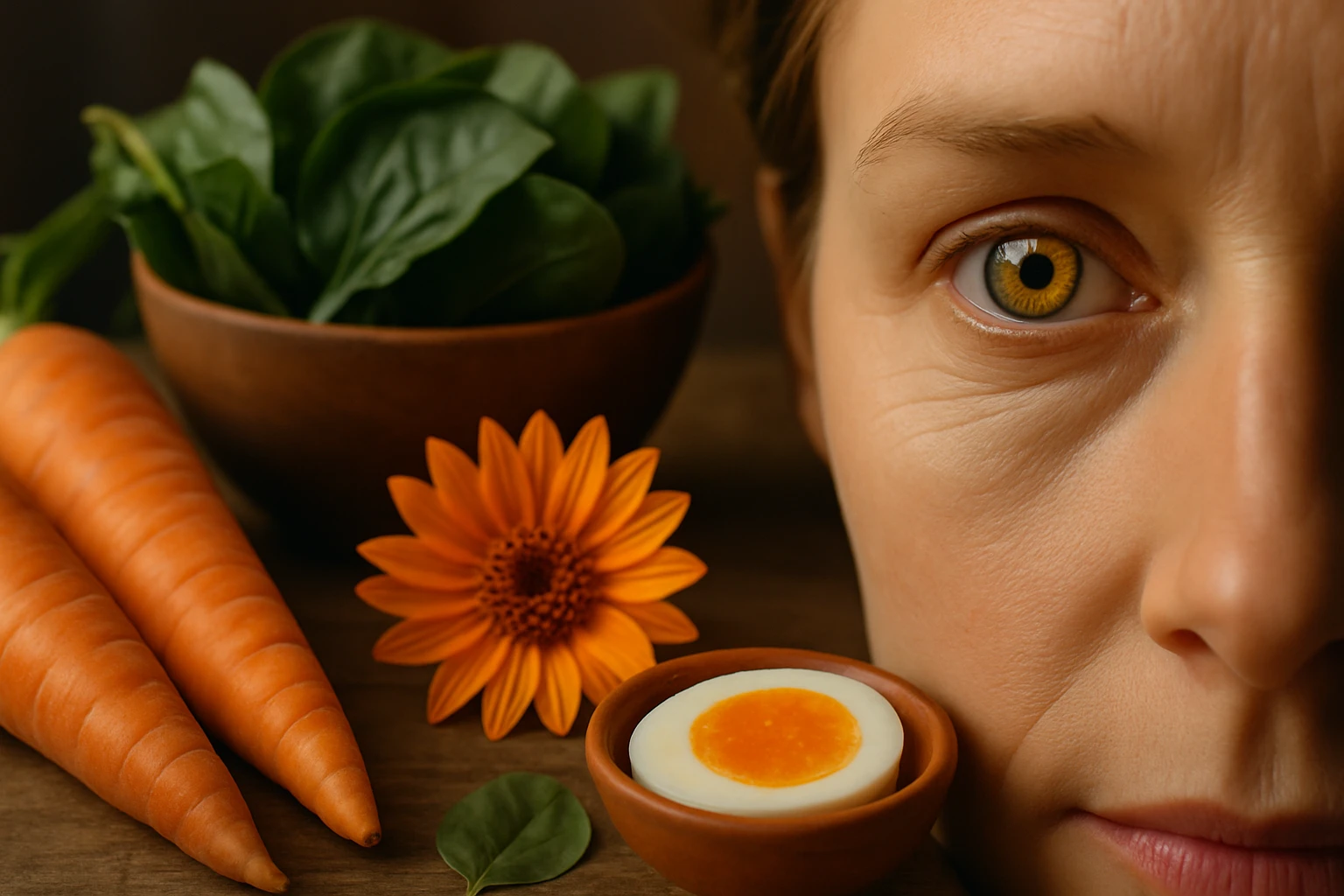 Egy nő arca mellett friss zöldségek és virágok láthatók, mint sárgarépa és spenót.