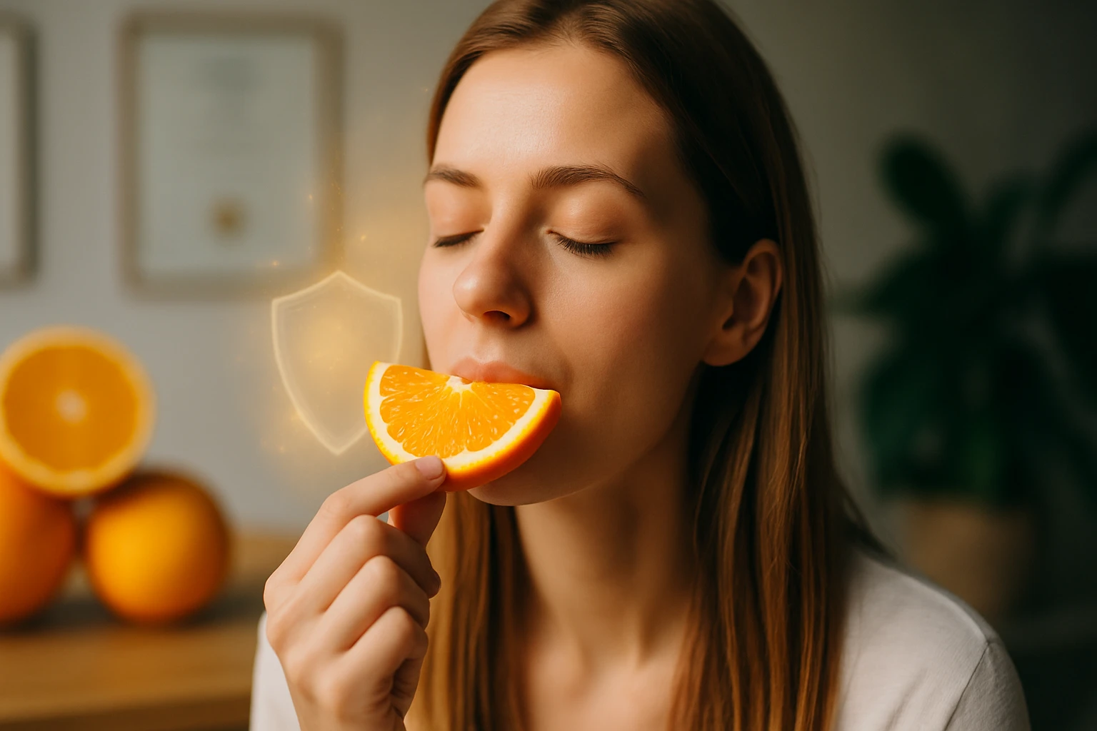 Egy fiatal nő narancsszeletet tart a szájához, élvezi az ízét.
