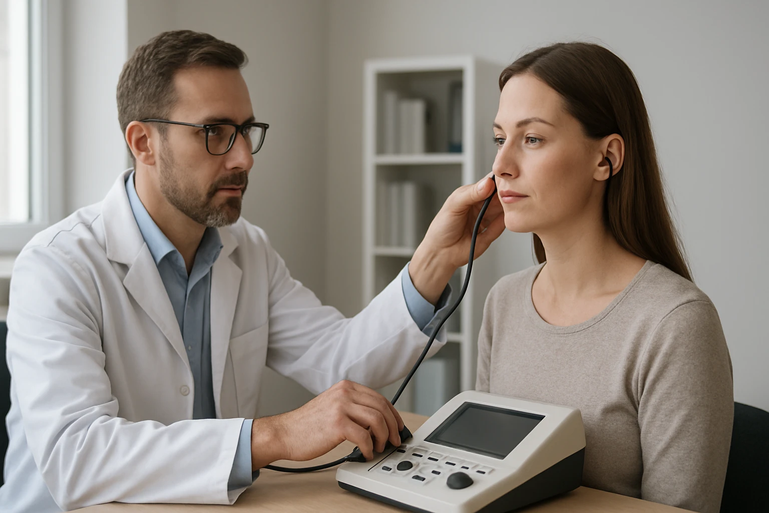 Egy orvos vizsgálja a nő fülét egy audiológiai készülékkel.