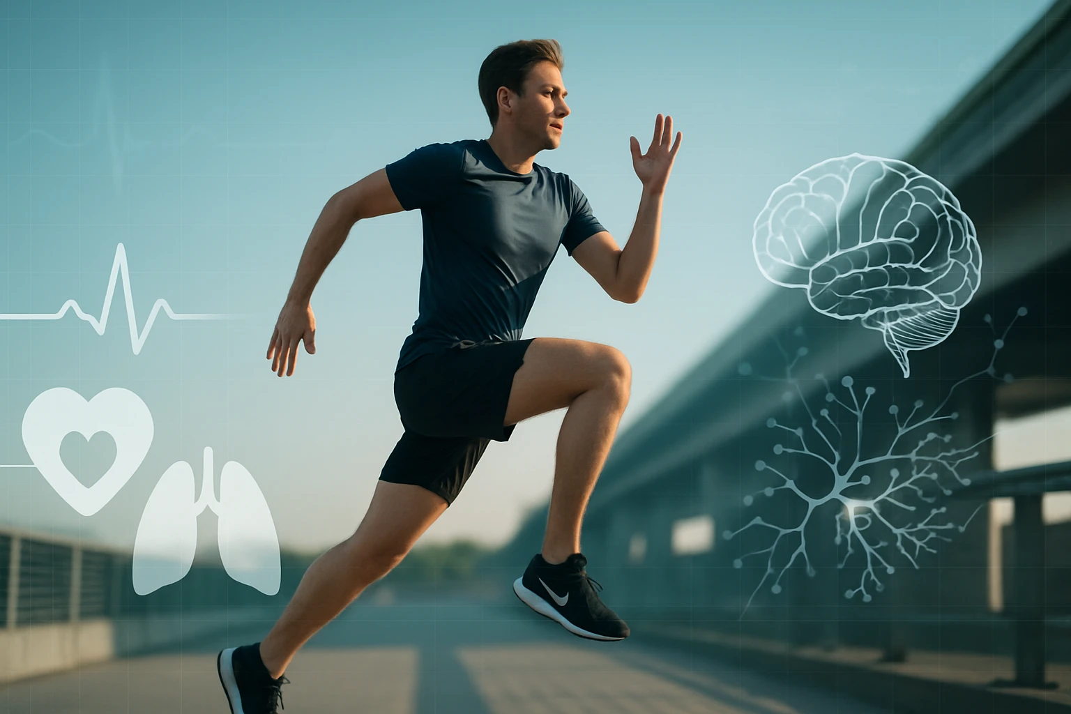 Egy fiatal férfi futás közben, egészséges életmódot szimbolizáló grafikákkal.