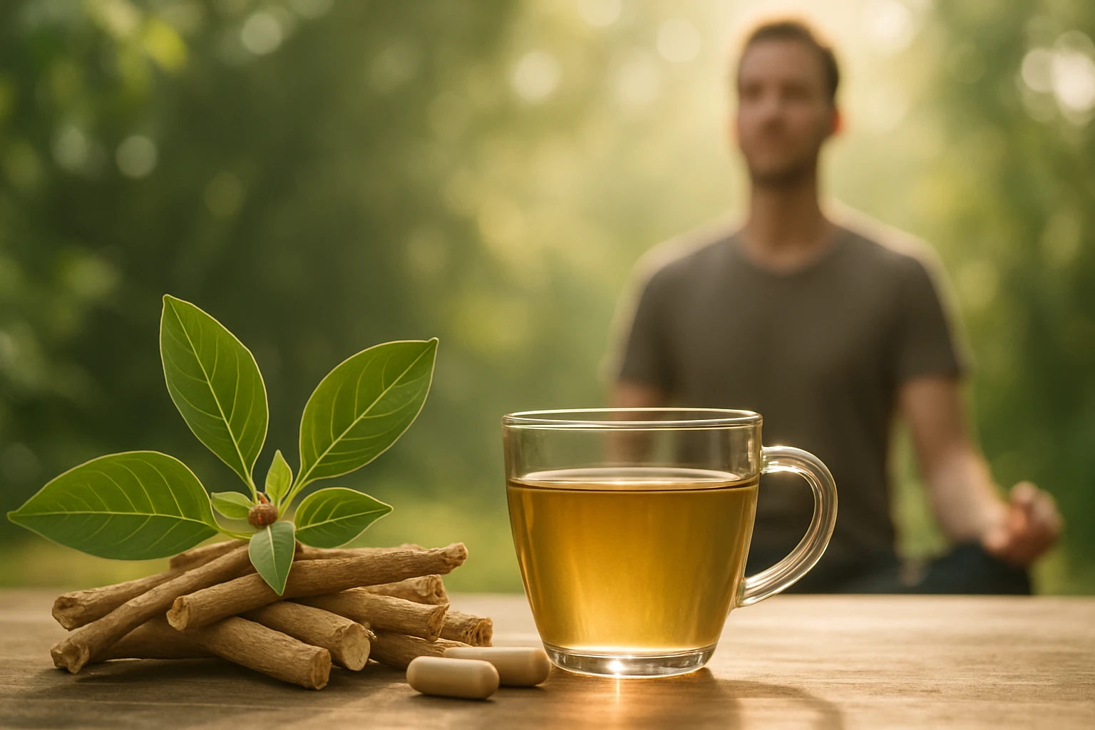 Egy pohár gyógynövénytea, mellette ashwagandha gyökerek és kapszulák, háttérben meditáló férfi.