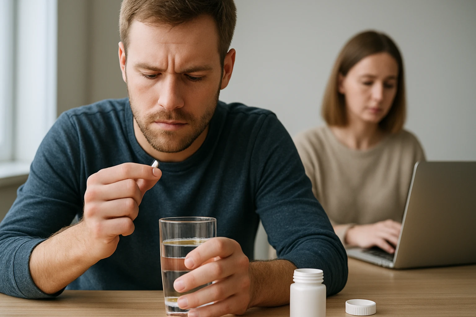 Egy férfi gyógyszert készül bevenni, miközben egy nő a háttérben dolgozik.
