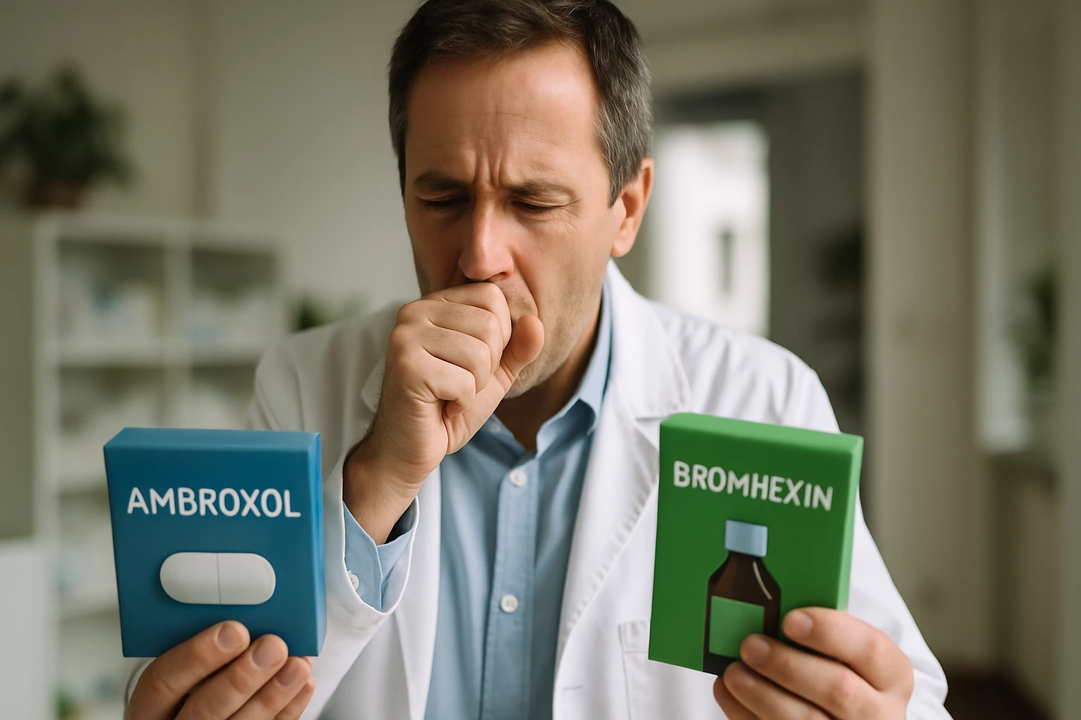 Egy orvos köhög, miközben Ambroxol és Bromhexin gyógyszereket tart a kezében.