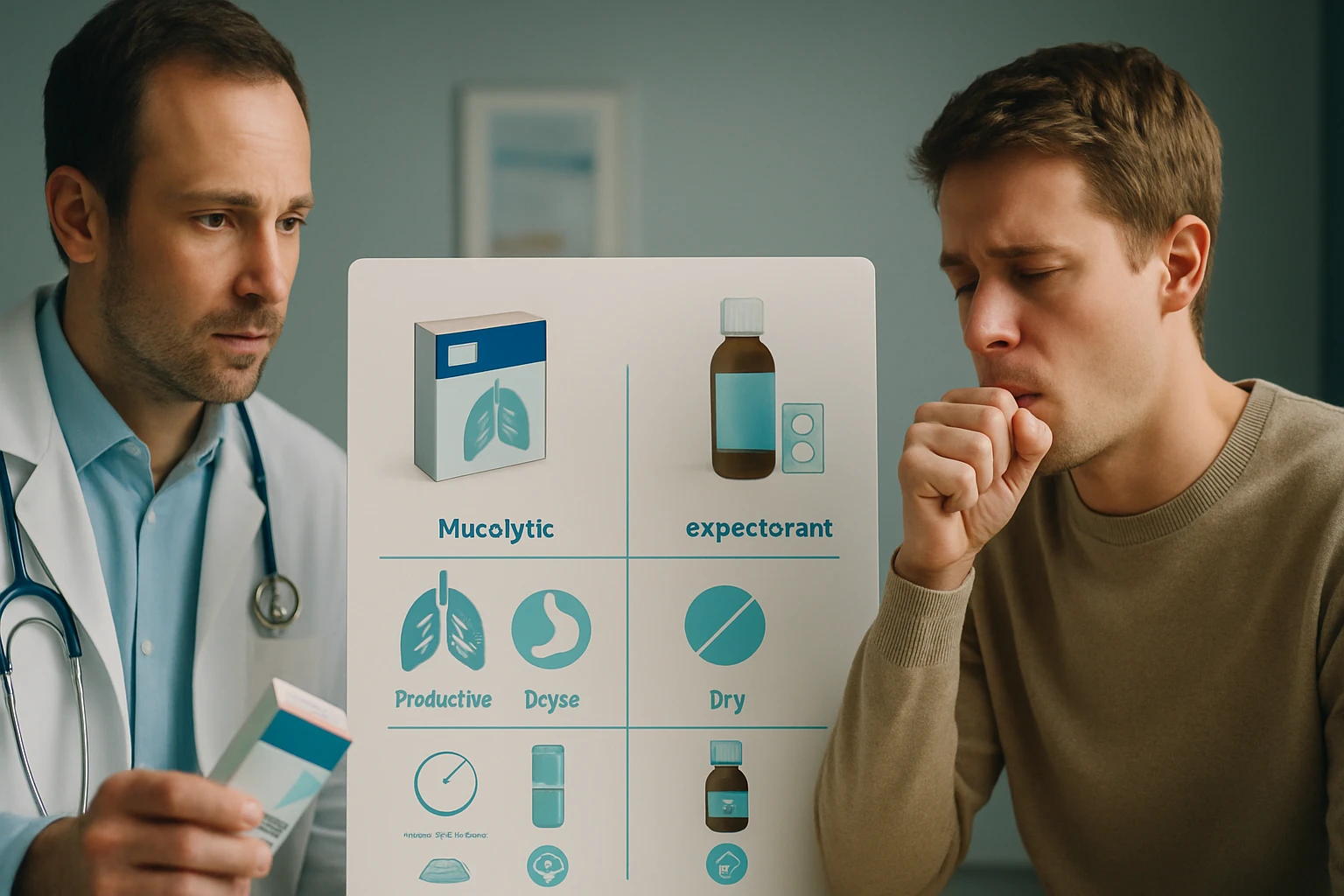 Egy orvos és egy köhögő beteg beszélget egy gyógyszeres táblázatról.