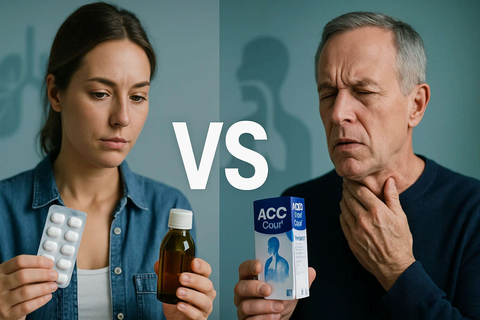 Egy nő gyógyszereket tart a kezében, míg egy férfi torokfájással küzd.