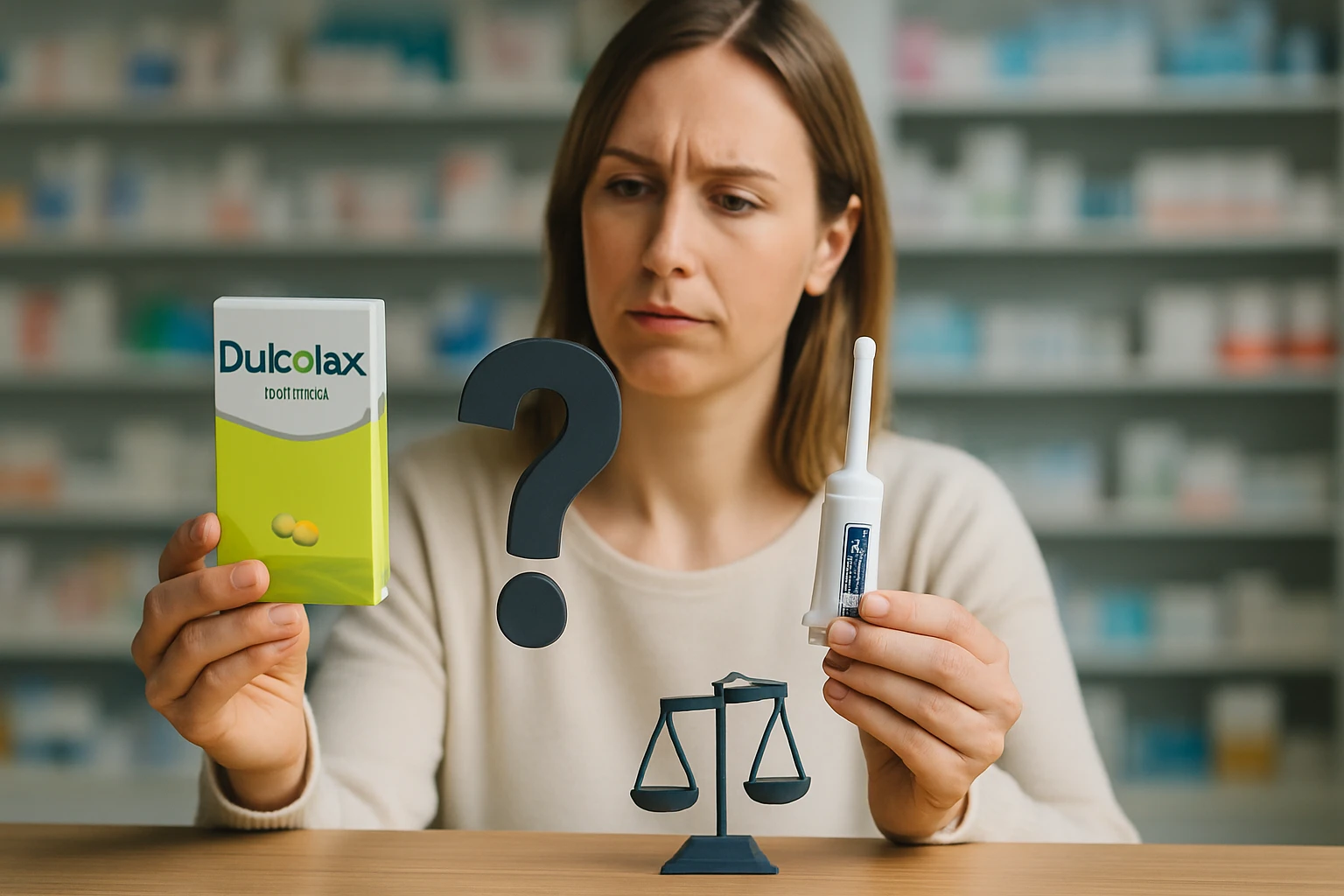 Egy nő a Dulcolax gyógyszert és egy másik eszközt tart a kezében, kérdő arckifejezéssel.