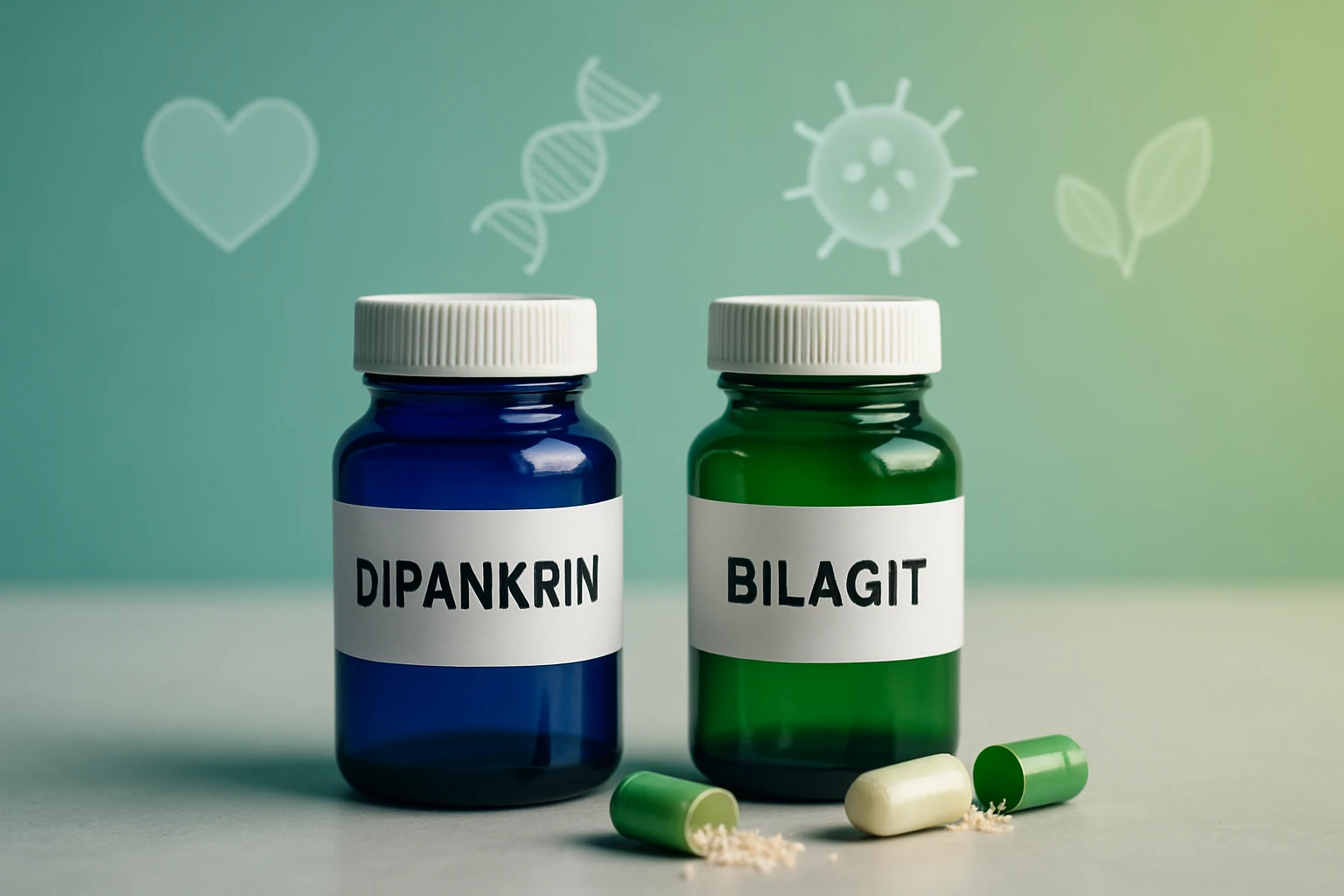 Két gyógyszeres üveg, az egyik kék, a másik zöld, mellette kapszulák.