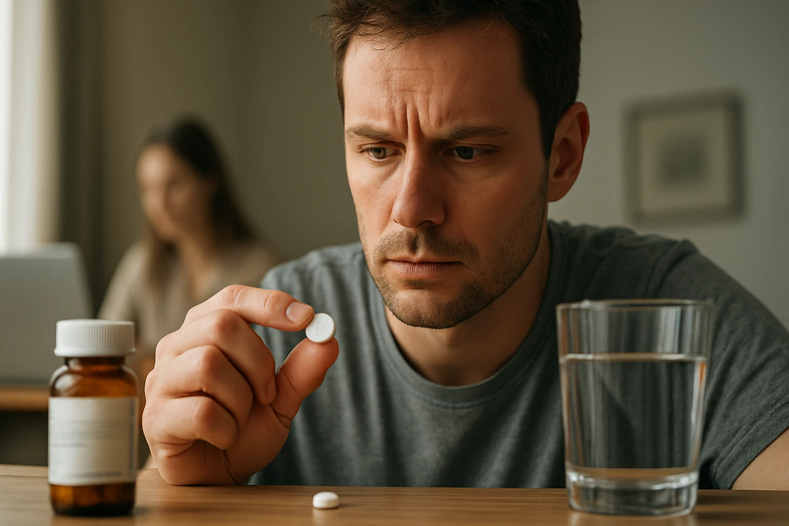 Egy férfi aggódva nézi a kezében tartott gyógyszert, háttérben egy nő.