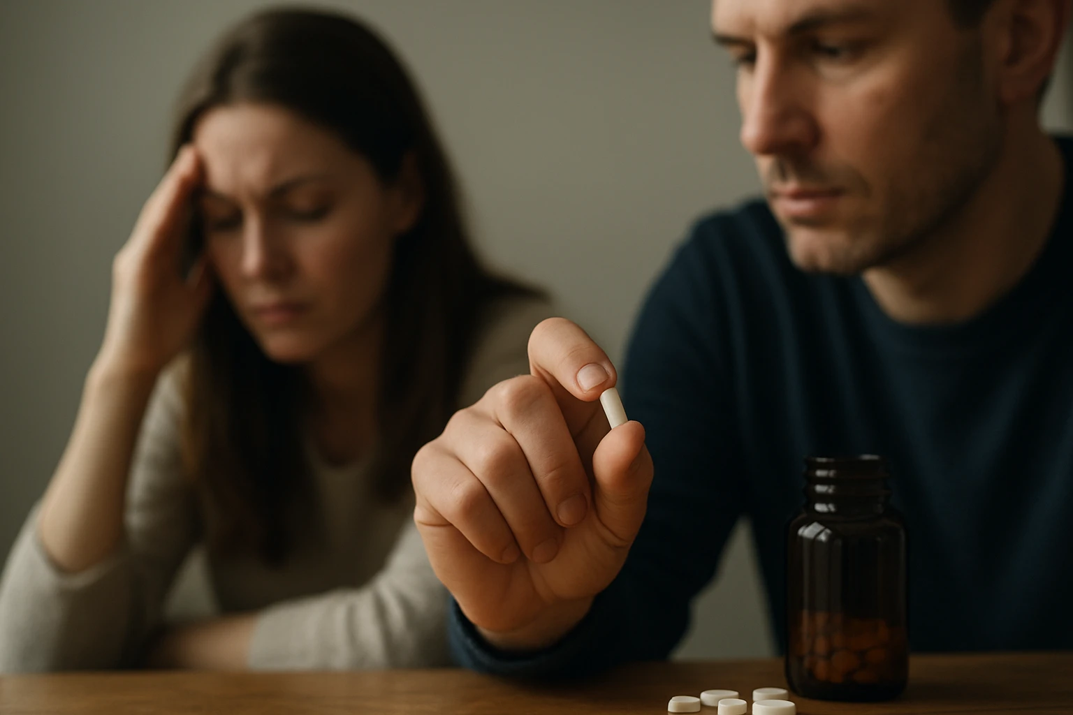 Egy férfi gyógyszert tart a kezében, míg egy nő aggódva néz rá.