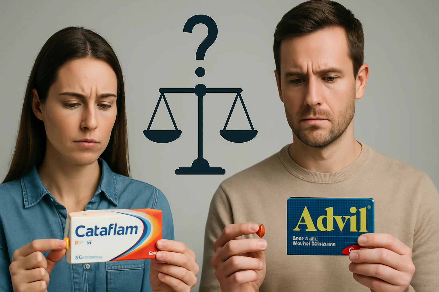 Egy nő és egy férfi gyógyszereket tartanak a kezükben, kérdőjellel a háttérben.