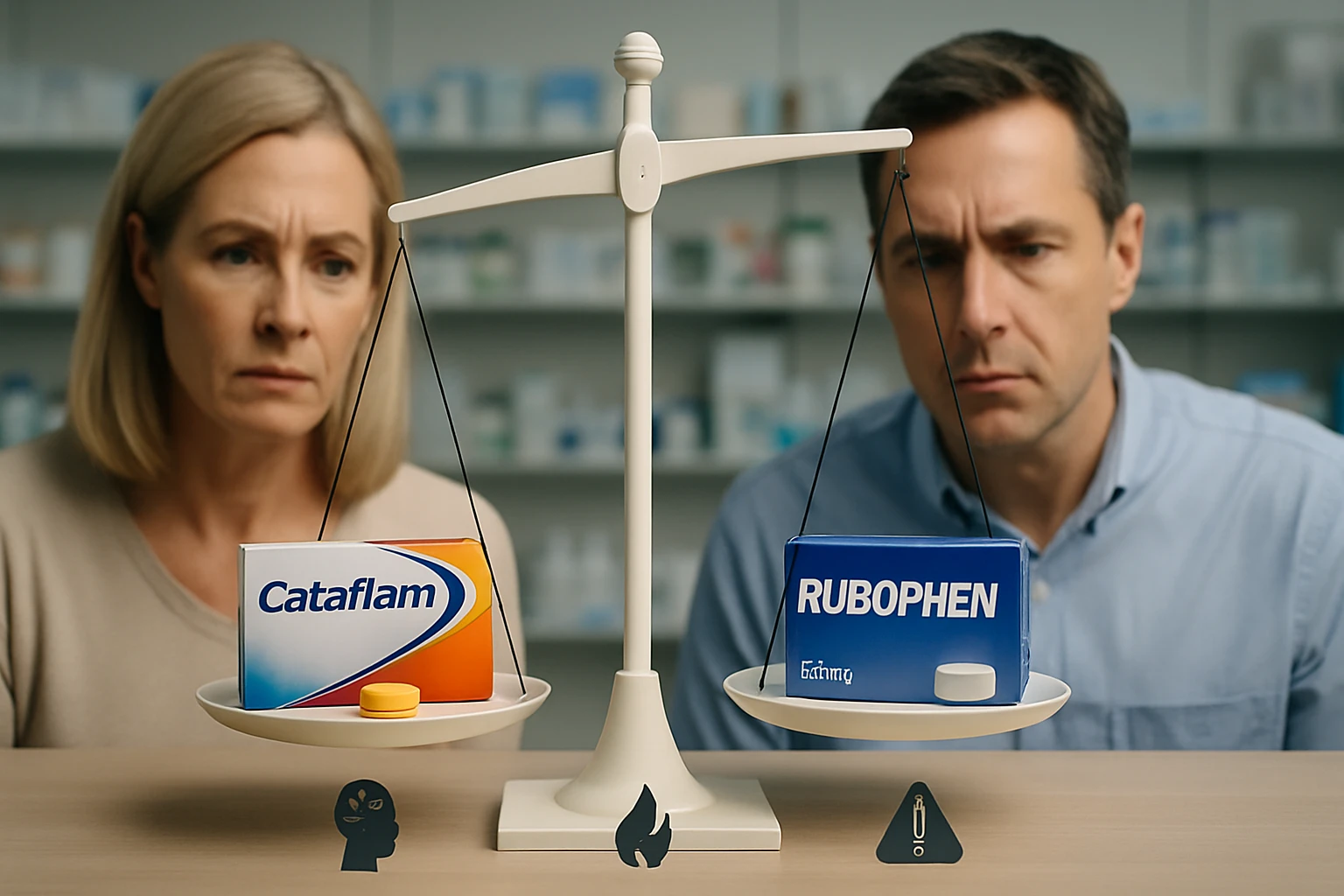 Két gyógyszer doboza, a Cataflam és a Rubophen, mérlegen, mellette egy pár aggódó arc.