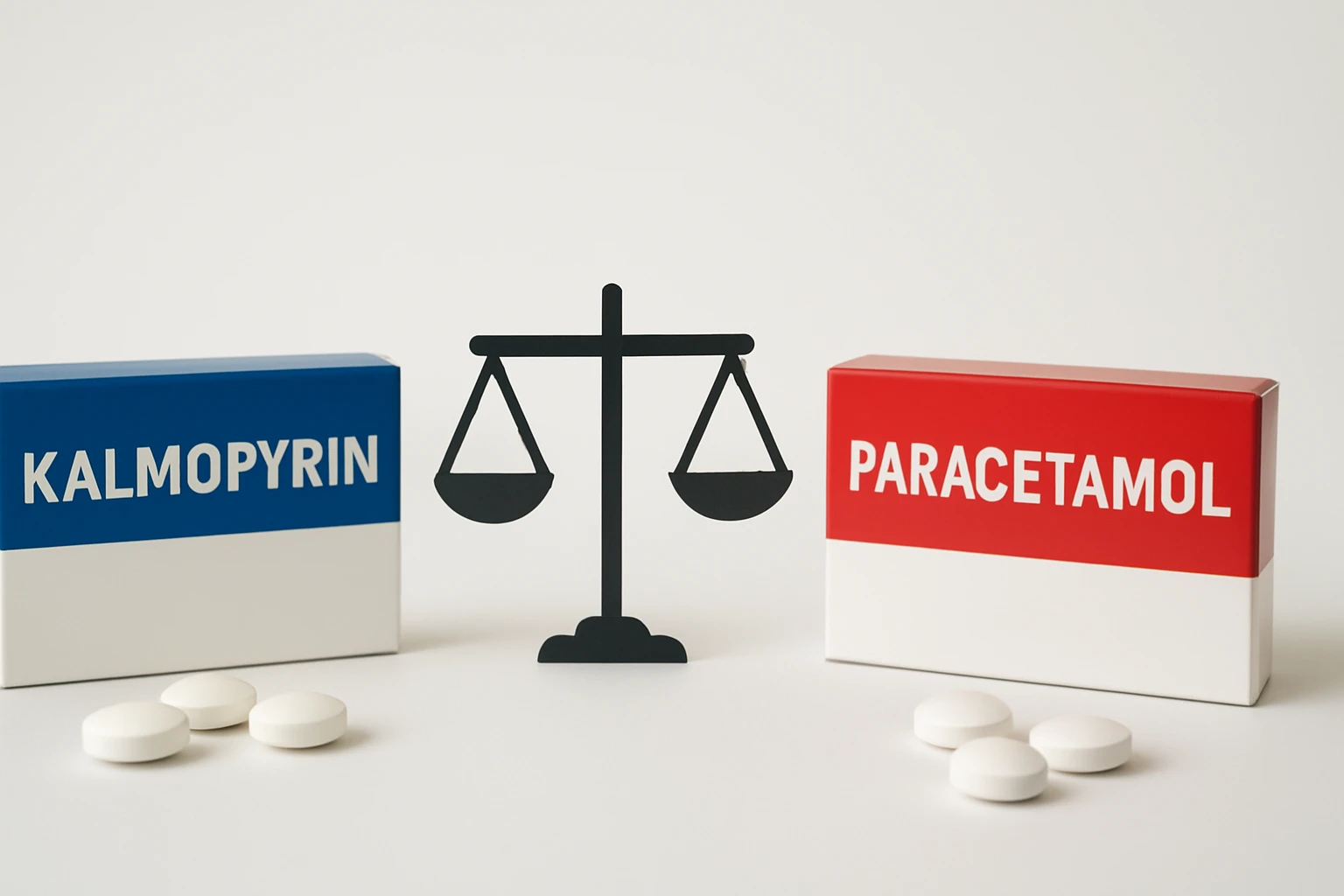 Két gyógyszer doboza, Kalmopyrin és Paracetamol, mérleggel közöttük.