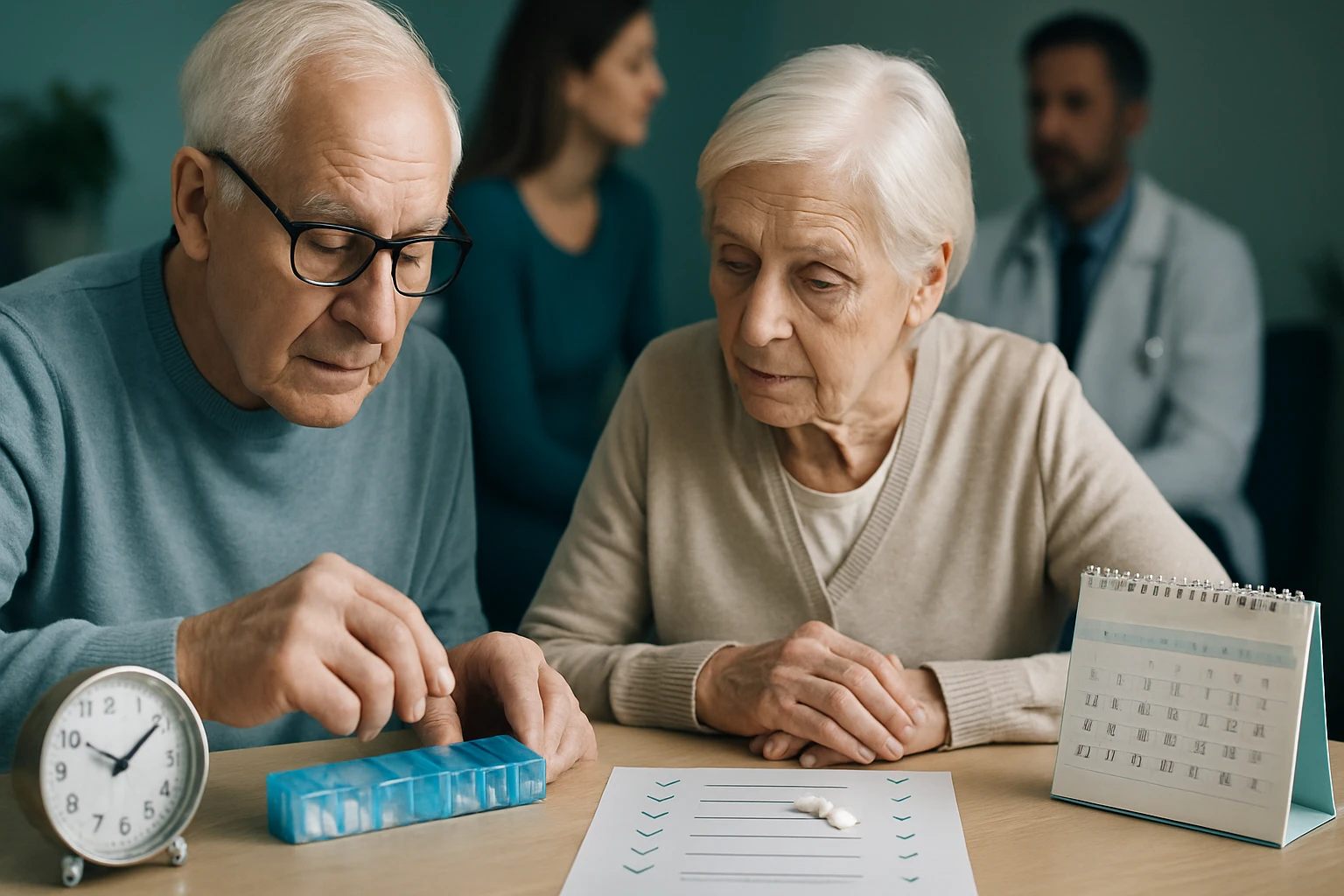 Idős pár gyógyszereket rendez egy dobozban, figyelmesen nézik egymást.