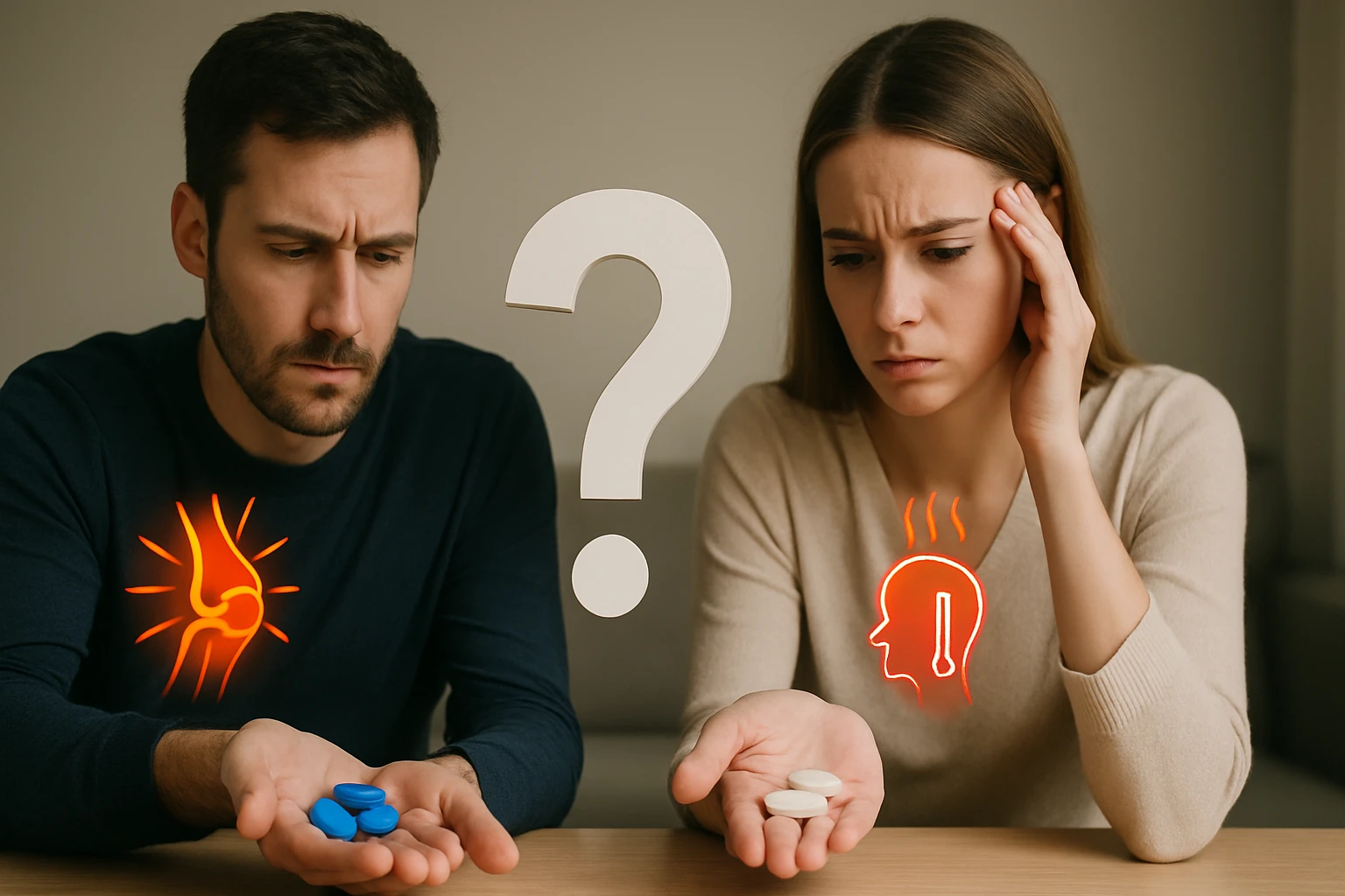 Egy férfi és egy nő gyógyszereket tart a kezükben, kérdőjel lebeg felettük.