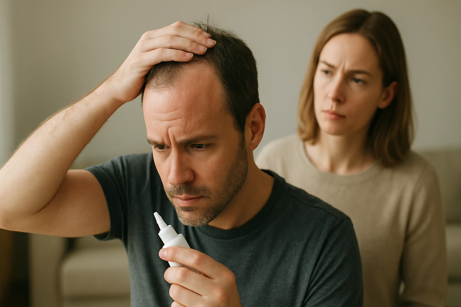 Egy férfi aggódva nézi a hajhullás elleni szert, míg a nő figyeli.