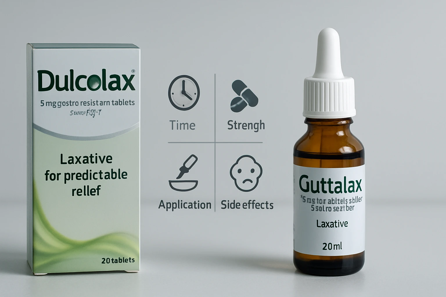 Dulcolax és Guttalax hashajtó készítmények, gyógyszeres doboz és üveg.