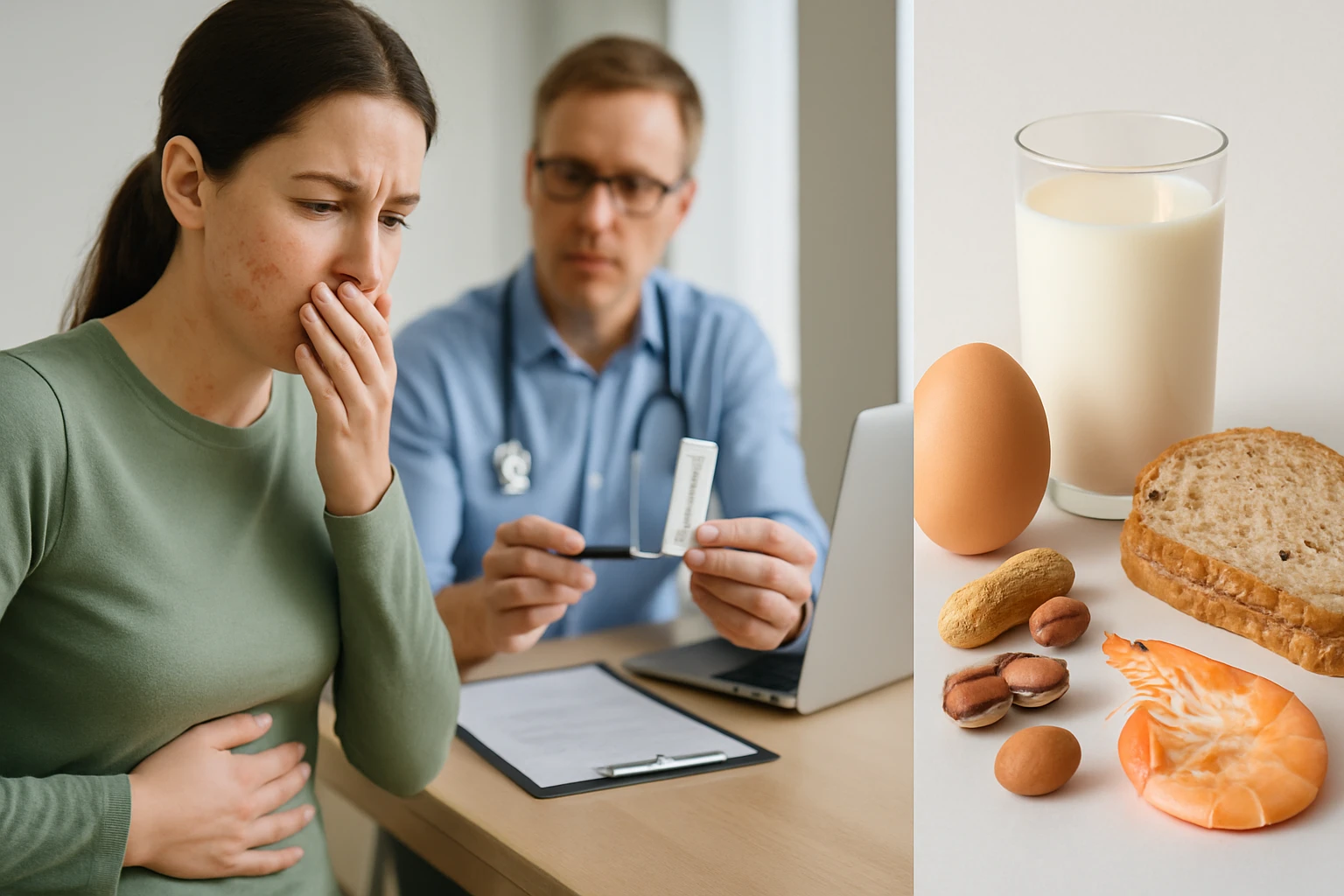 Egy nő orvosi vizsgálaton, akinek hasi fájdalmai vannak, az orvos pedig tájékoztatja.