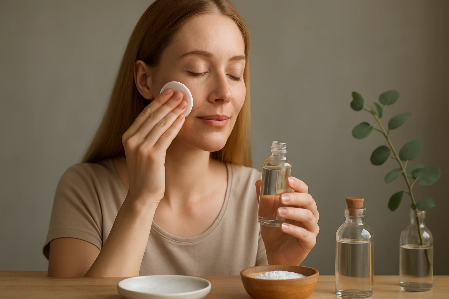 Egy nő arctisztítót használ, miközben egy vattakorongot tart a kezében.