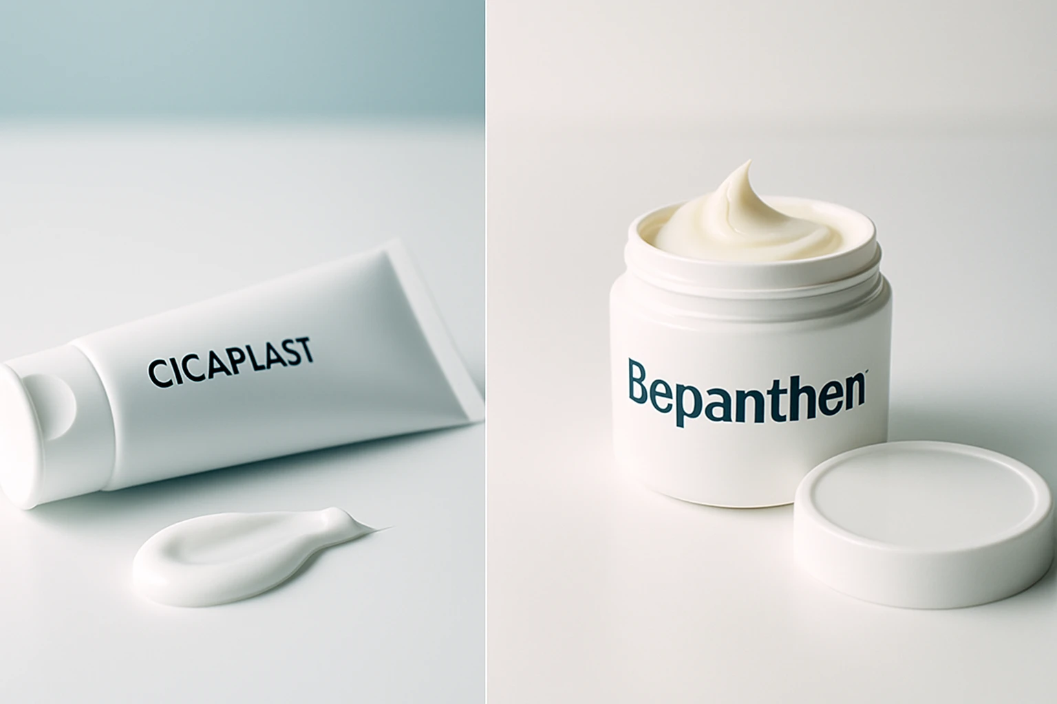 Két bőrápoló termék, a Cicaplast és a Bepanthen, fehér háttér előtt.