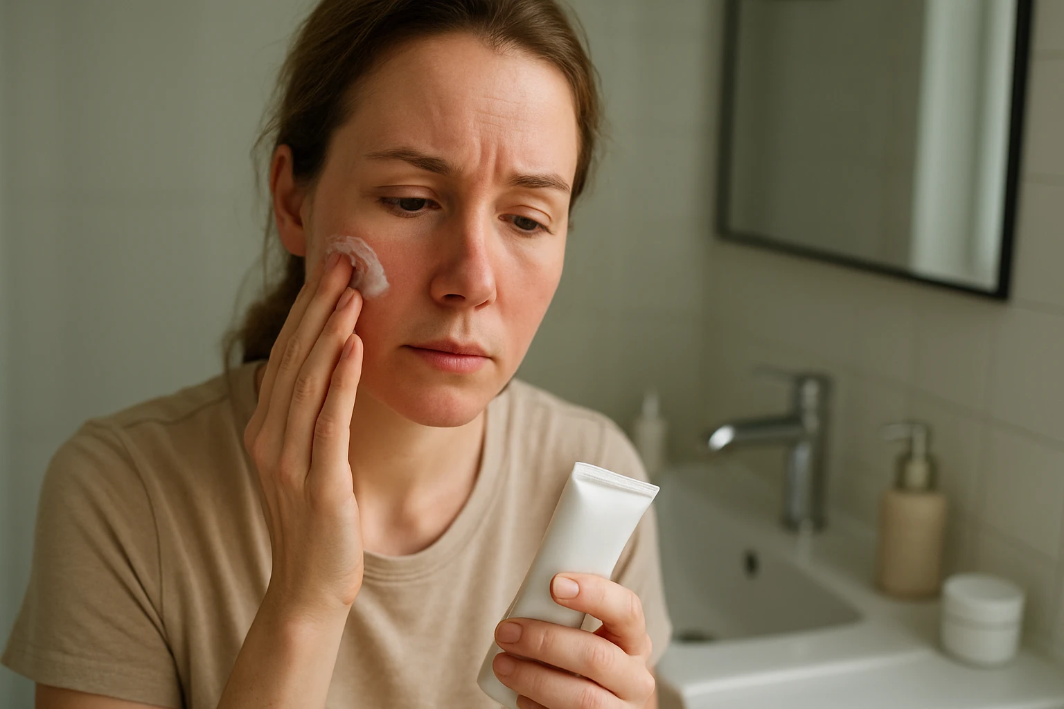 Egy nő arckrémet visz fel az arcára, miközben a tükör előtt áll.