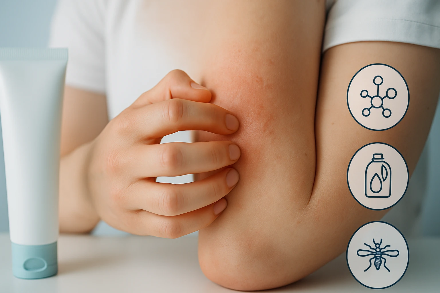 Egy kéz, amely viszkető bőrt simít, mellette egy krém tubus.