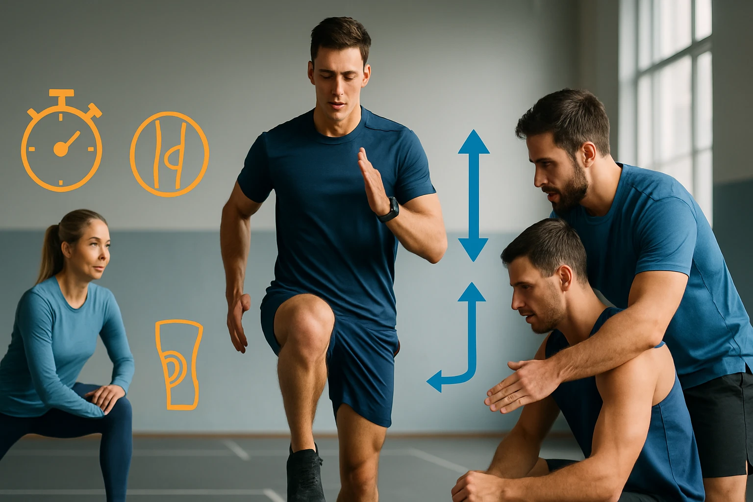 Két férfi edző és egy női sportoló edzés közben, különböző gyakorlatokat végeznek.