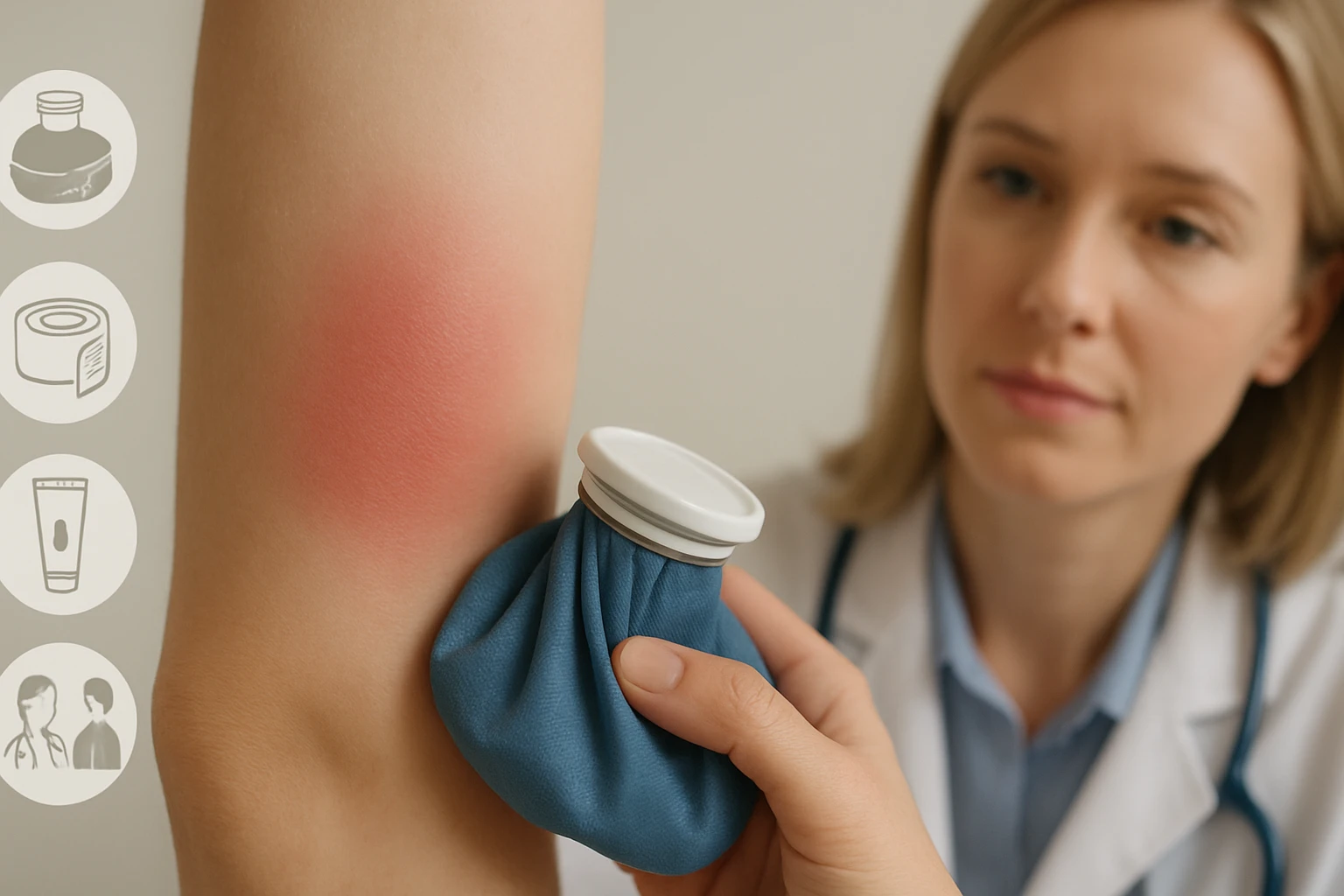 Egy orvos jégzselét alkalmaz egy piros bőrű karon, a háttérben figyelmes női orvos.