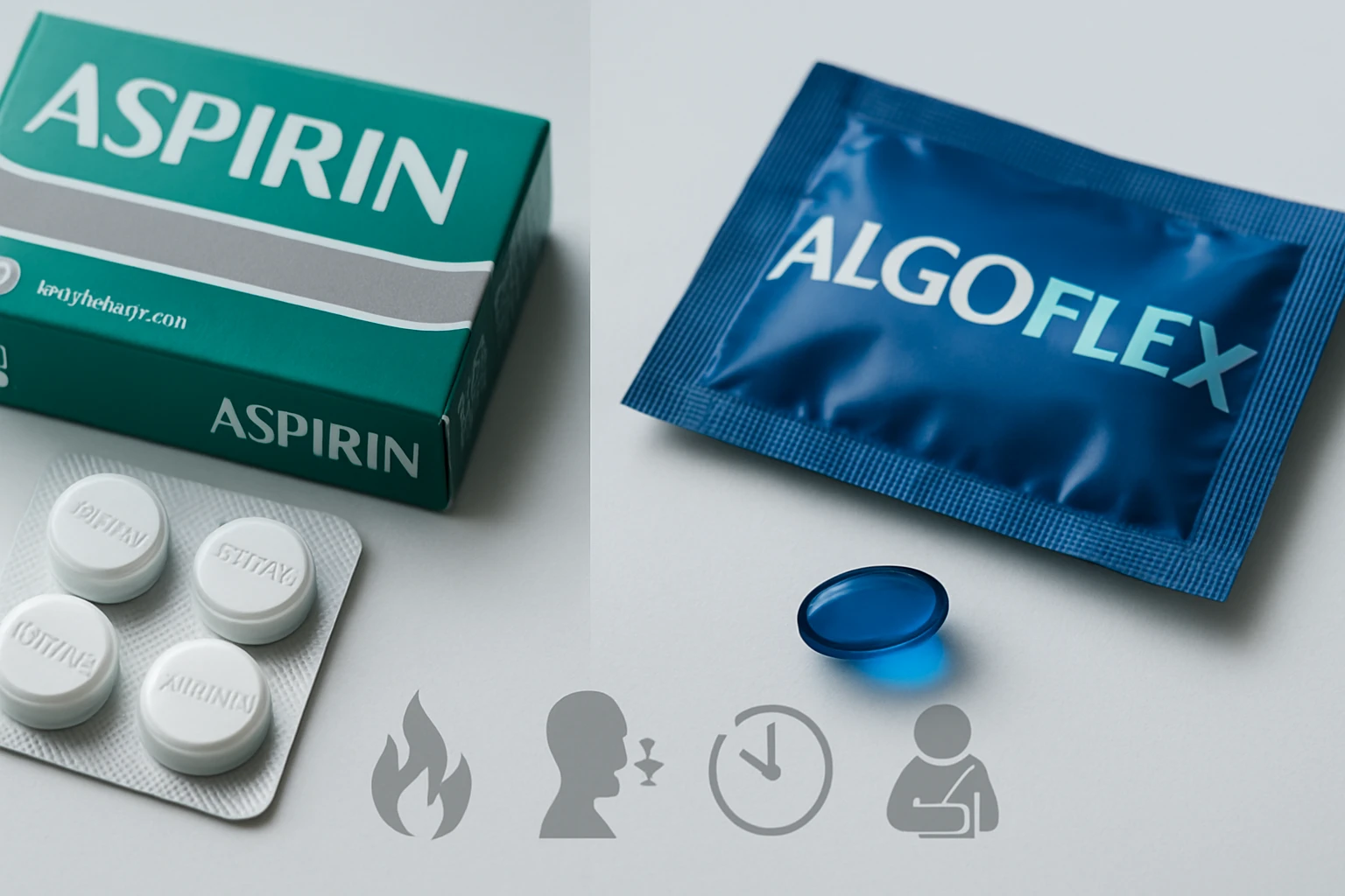 Egy doboz aszpirin és egy algoflex kapszula, gyógyszerek a fájdalomcsillapításhoz.