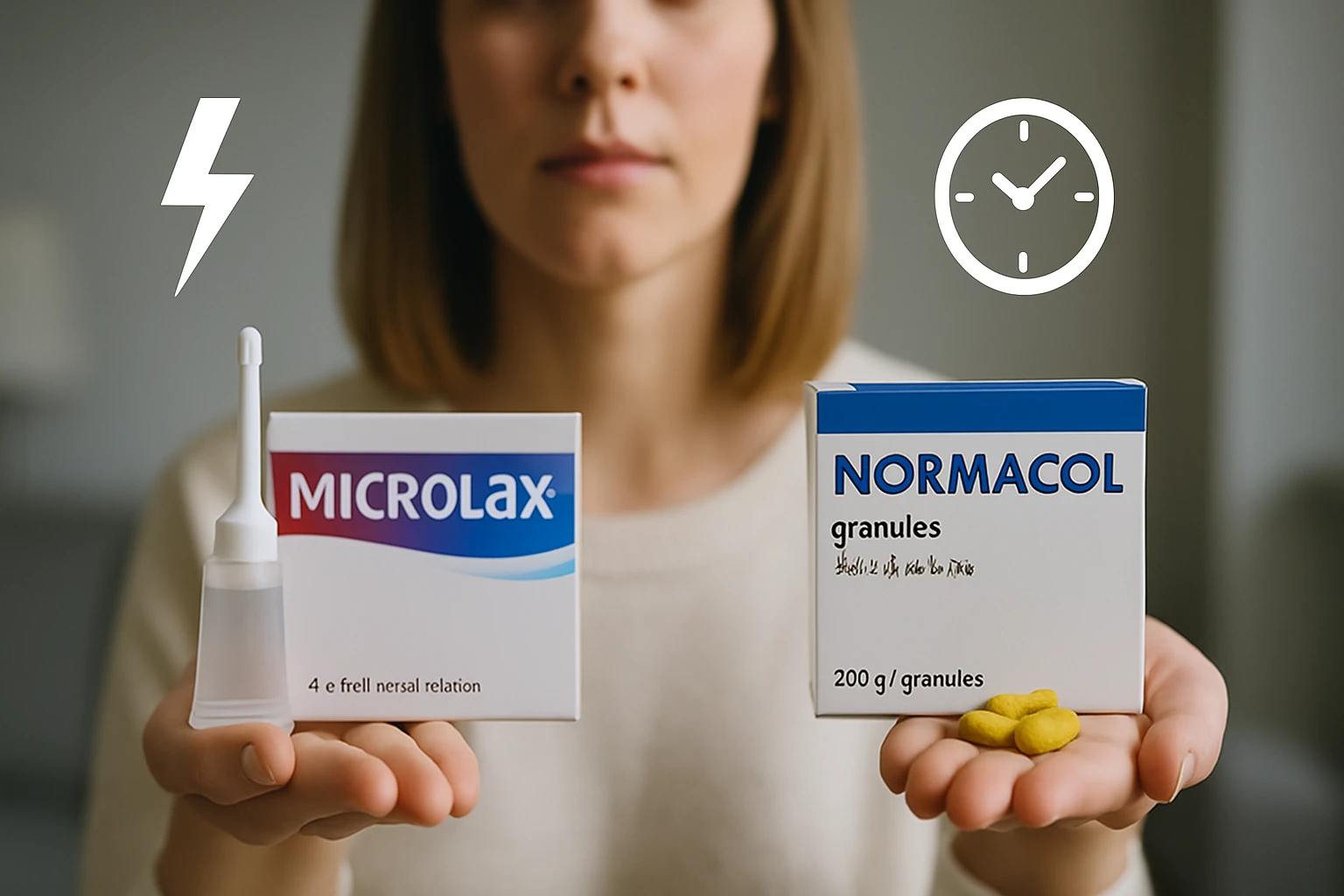 Egy nő két különböző hashajtó terméket tart a kezében, az egyik Microlax, a másik Normacol.