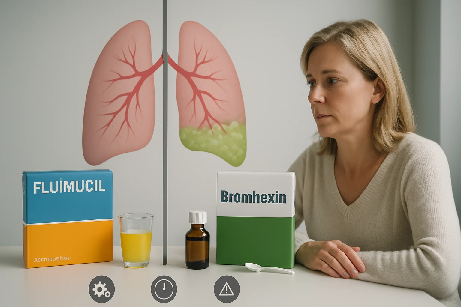 Egy nő ül egy asztalnál, mellette köhögéscsillapító gyógyszerek és egy pohár ital.