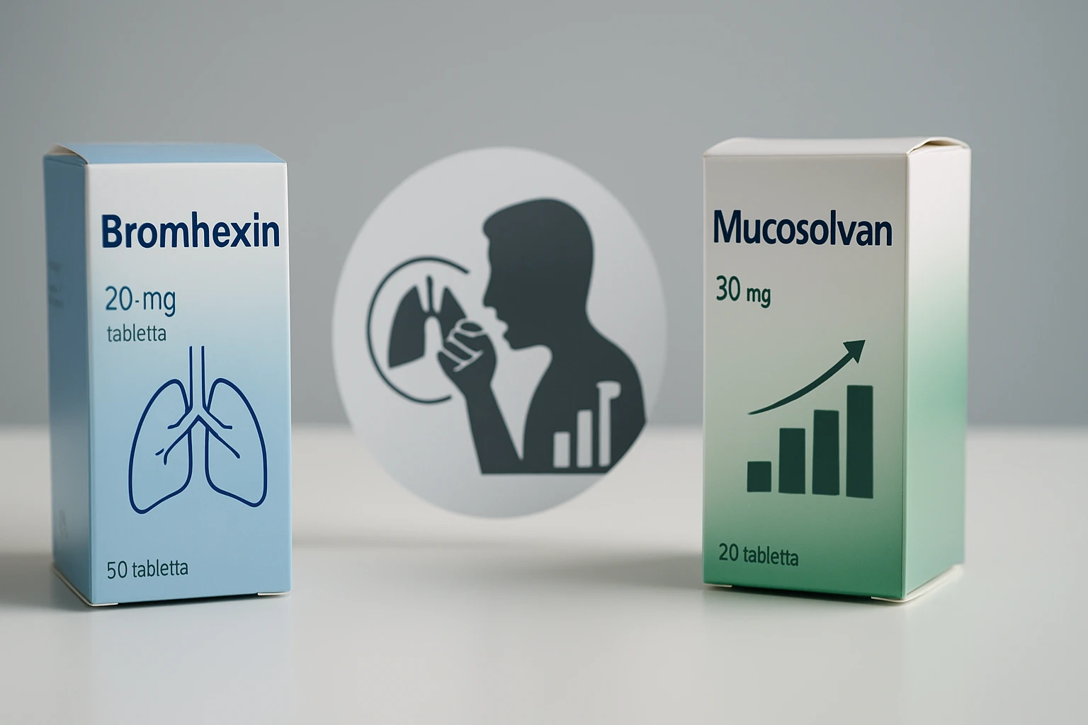 Két gyógyszer doboza, a Bromhexin és a Mucosolvan, köhögés kezelésére.