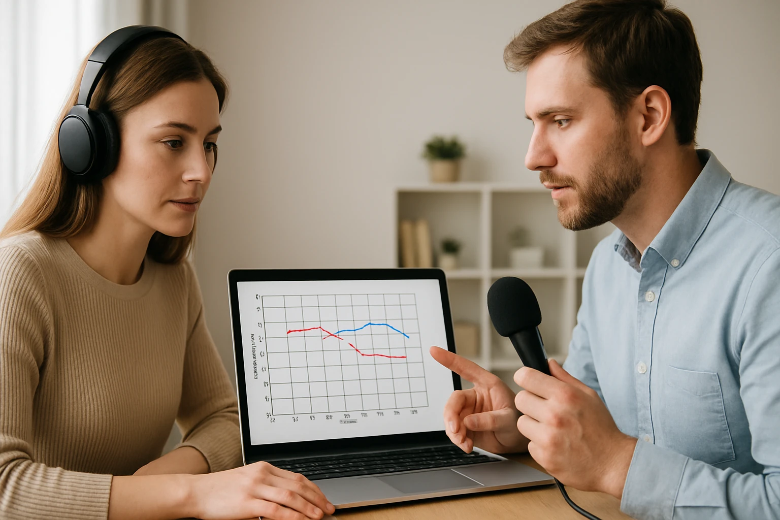 Egy nő fülhallgatóban figyel, míg egy férfi grafikonra mutat a laptopján.