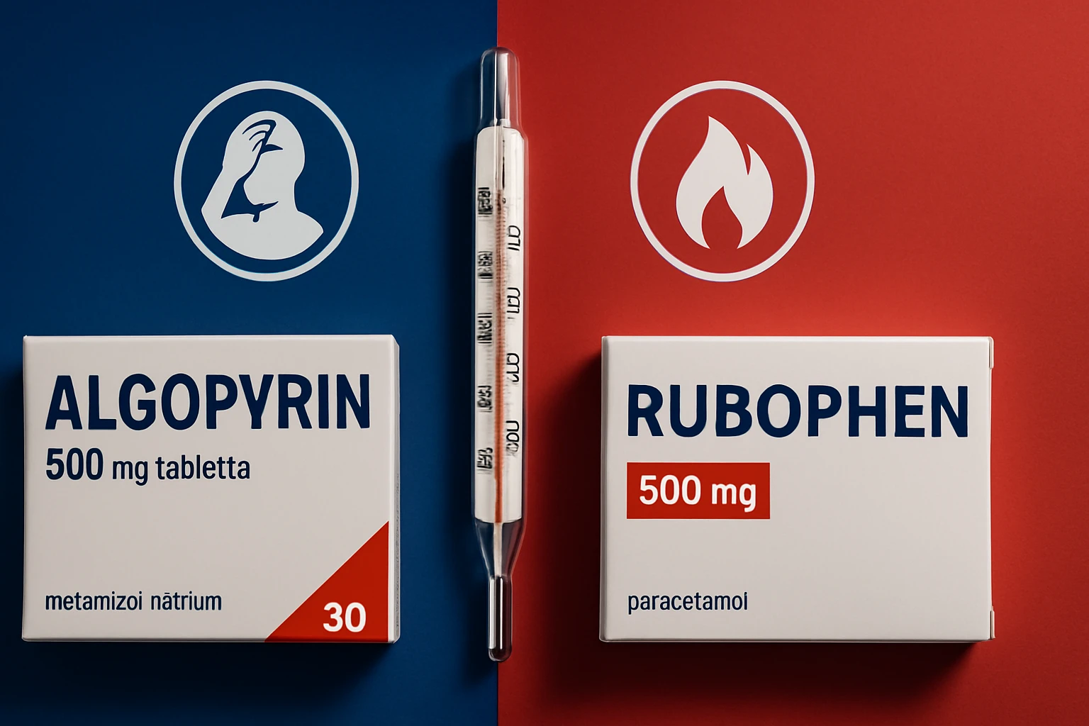 Két gyógyszer doboza, Algopyrin és Rubophen, lázcsillapító hatással.