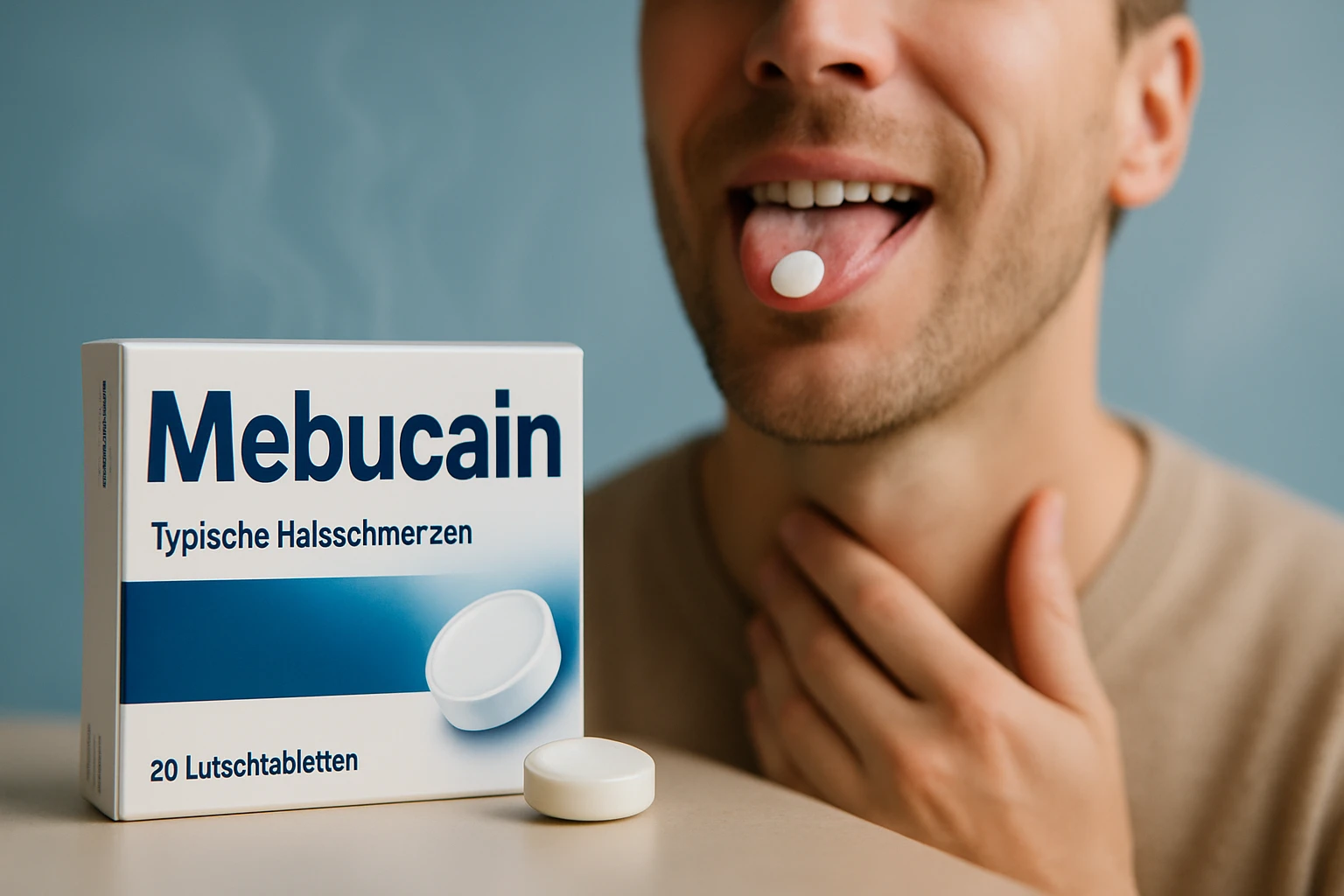 Egy férfi Mebucain tablettát vesz be, miközben a torkát fogja.
