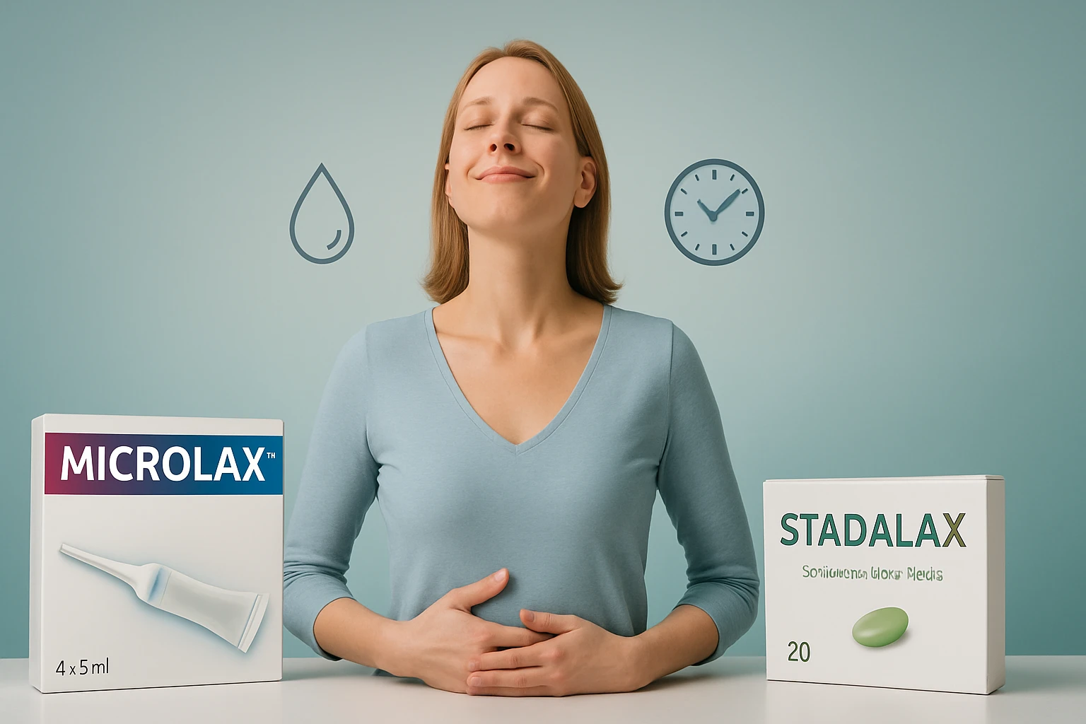 Egy nő relaxál, miközben a Microlax és Stadalax termékek láthatók mellette.