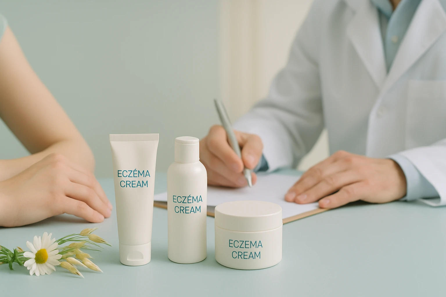 Egy asztalon három ekcéma elleni krém, mellettük egy kéz és egy íróasztal.