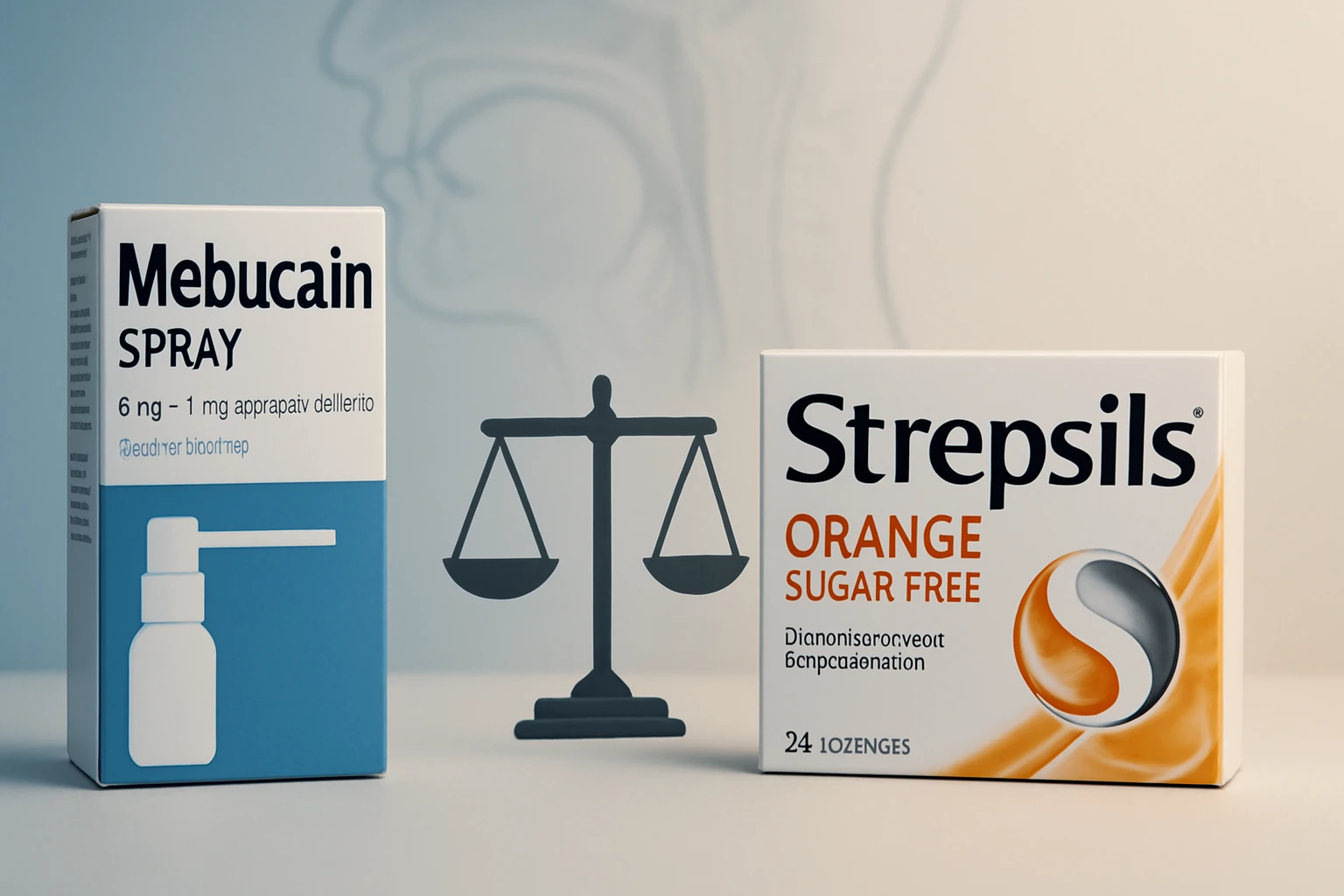 Két gyógyszer, Mebucain spray és Strepsils cukormentes tabletta, egyensúly mérleggel.