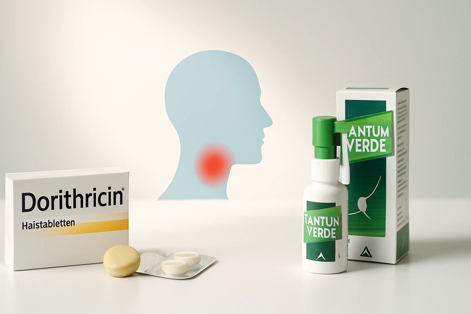 Két gyógyszer, Doritrichin és Tantum Verde, torokfájás kezelésére, háttérben torok sziluettje piros folttal.