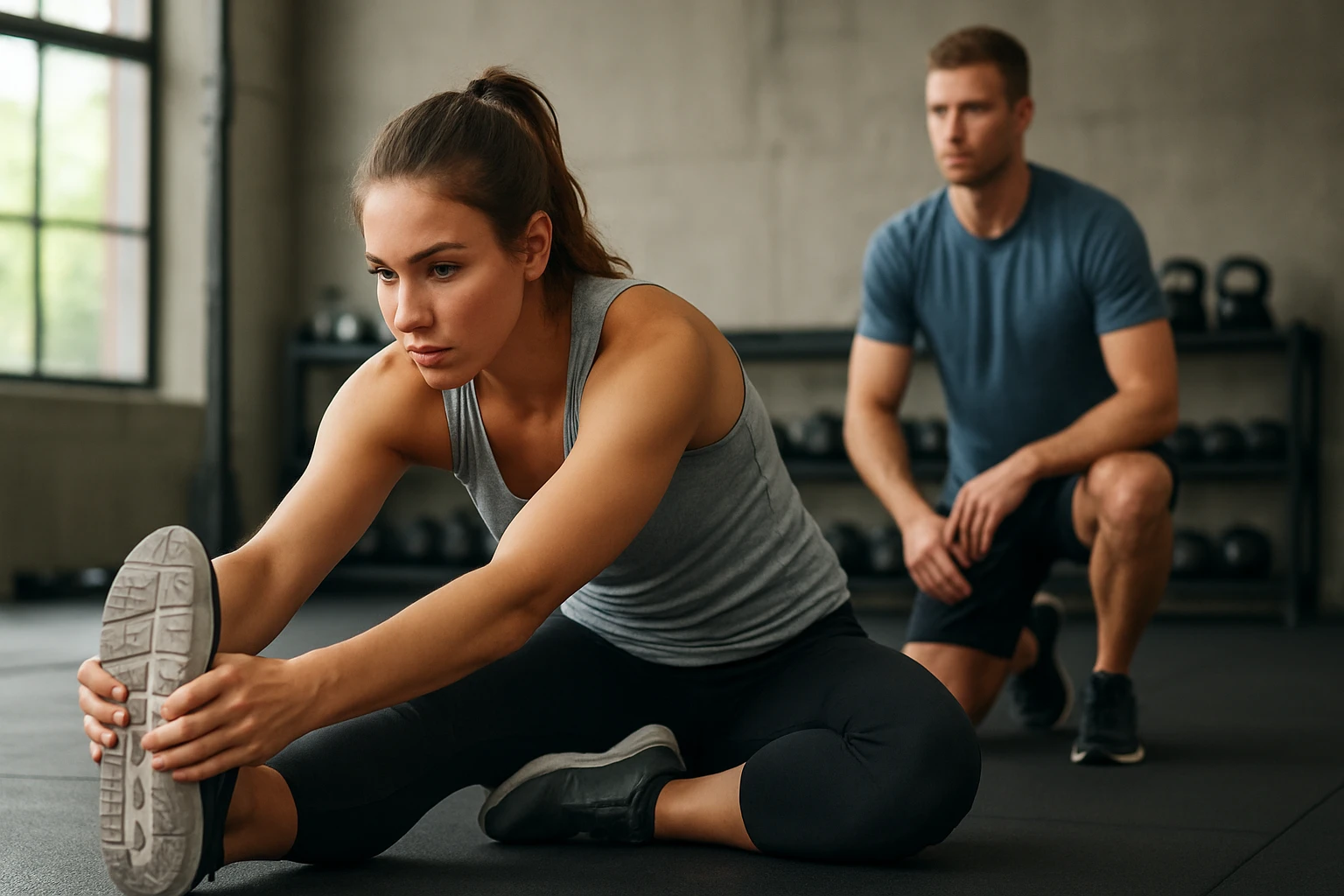 Egy nő nyújtózik a teremben, míg egy férfi figyeli őt.