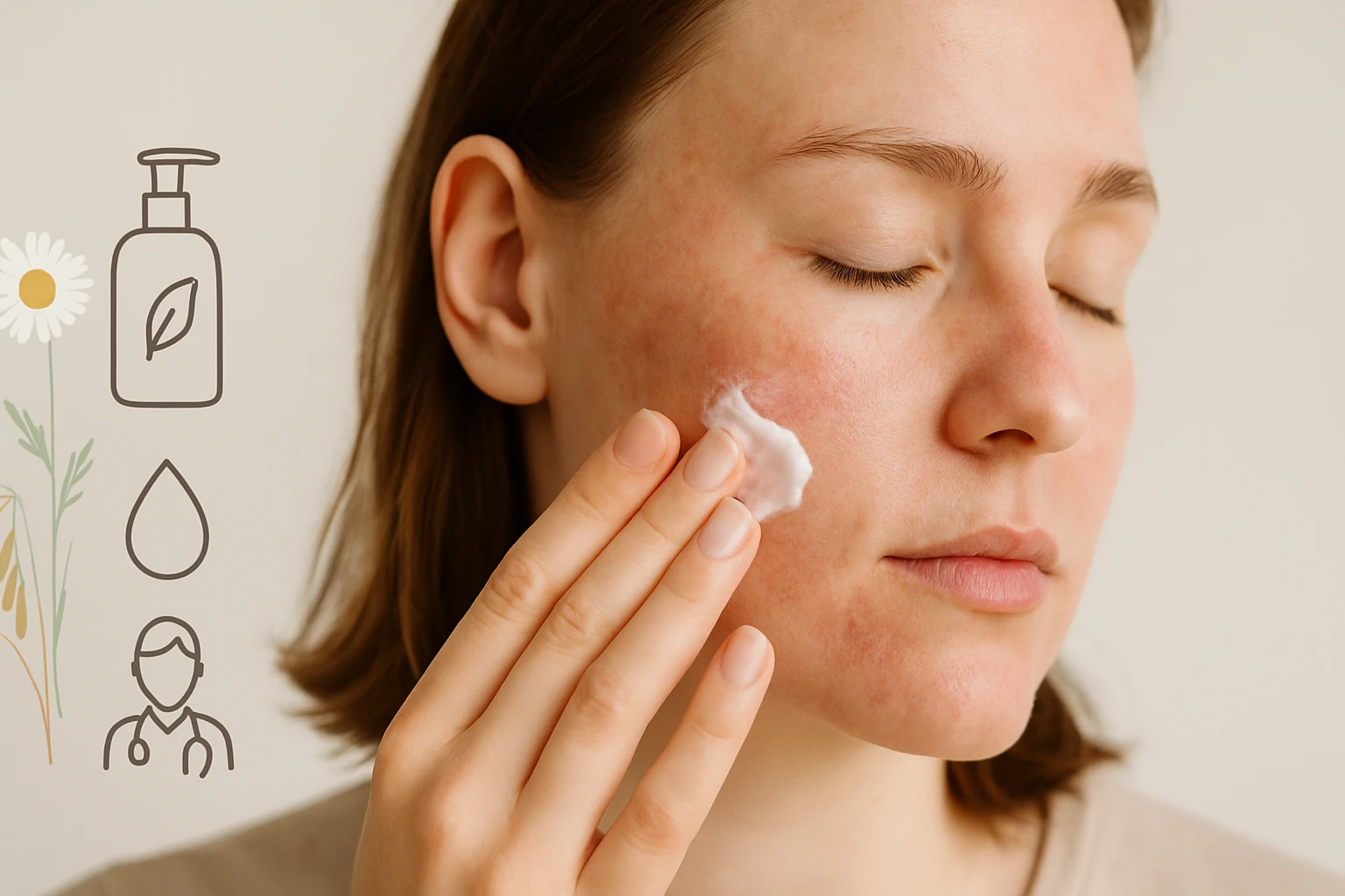 Egy nő arcbőrét hidratáló krémmel kezeli, figyelmesen alkalmazva.